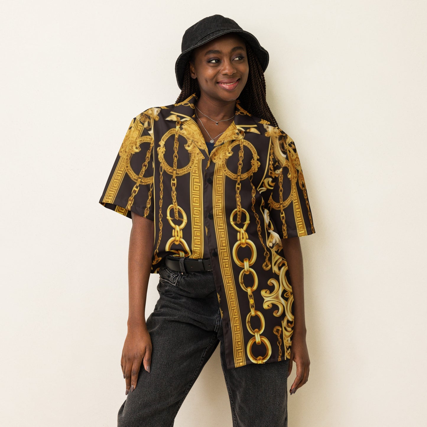 Front Gold & Black Baroque Signature Scarf Design Unisex button shirt Shirt #MzKittyz #NikkiDKatArt