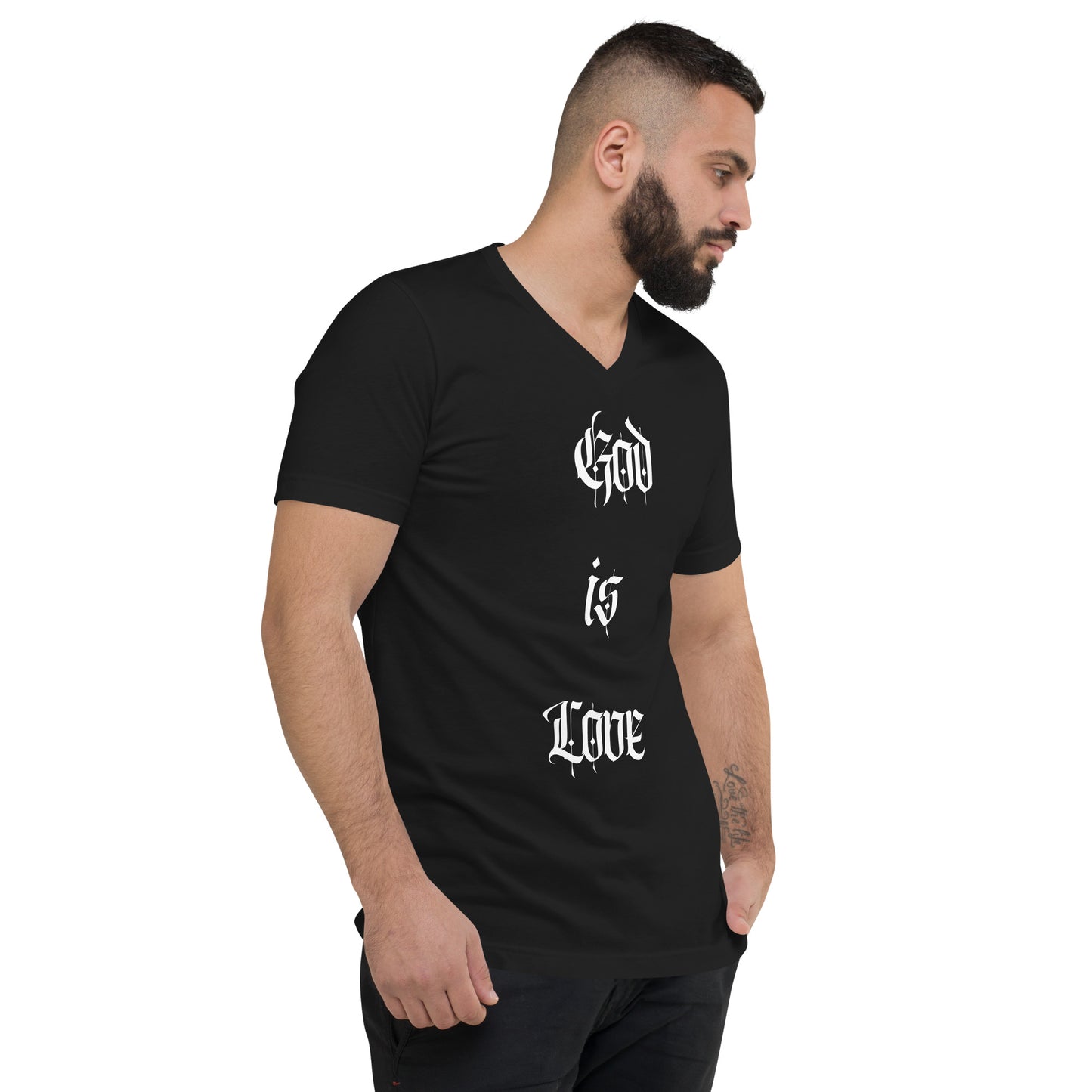 Front Side , God Is Love, Love Is God, Black, Unisex Short Sleeve V-Neck T-Shirt, Up to 2XL #MzKittyz #NikkiDKatArt