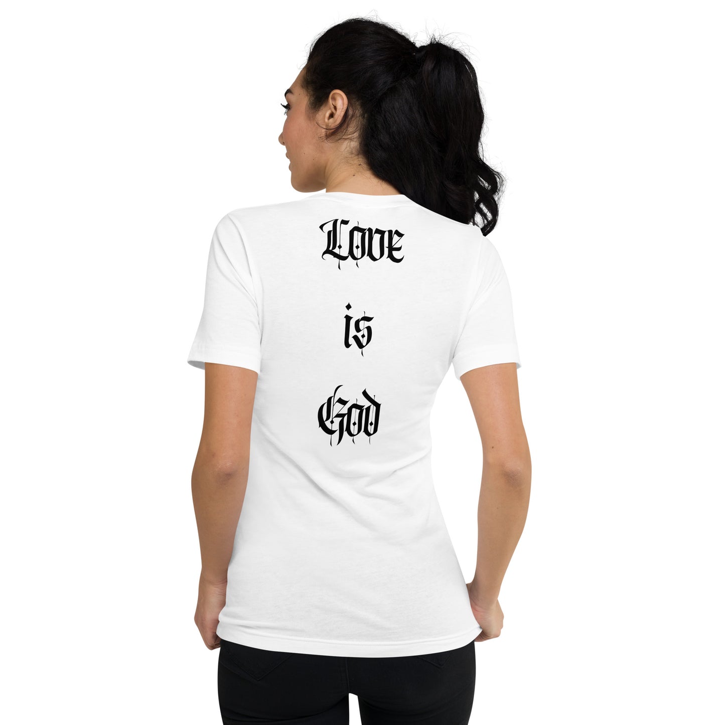 Back,Girl, "LOVE IS GOD" God Is Love, Love Is God, White, Unisex Short Sleeve V-Neck T-Shirt #MzKittyz #NikkiDKatArt