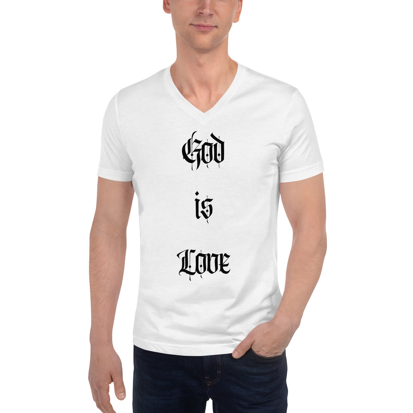 Front, Boy, 'GOD IS LOVE" God Is Love, Love Is God, White, Unisex Short Sleeve V-Neck T-Shirt #MzKittyz #NikkiDKatArt