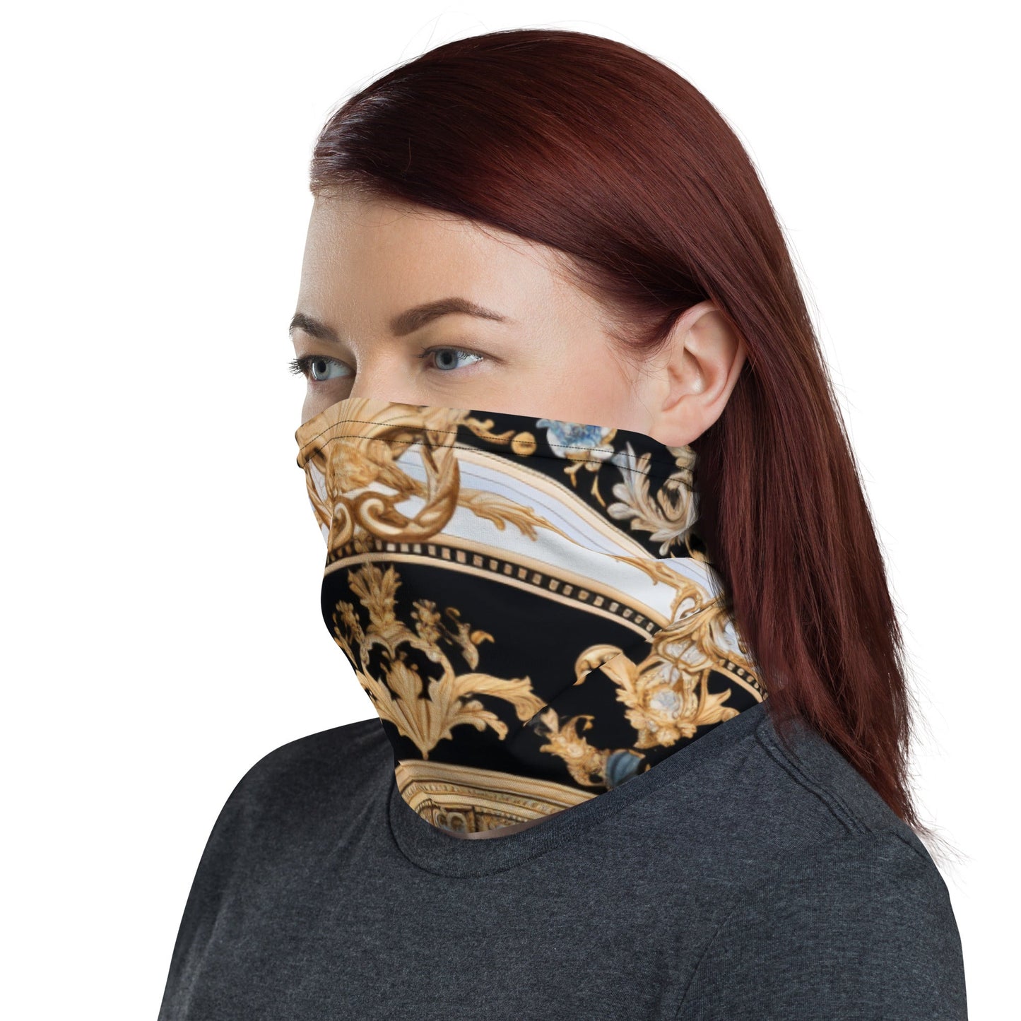 Front Gold & Black Signature Scarf Mask, Neck Gaiter Mask #MzKittyz #NikkiDKatArt
