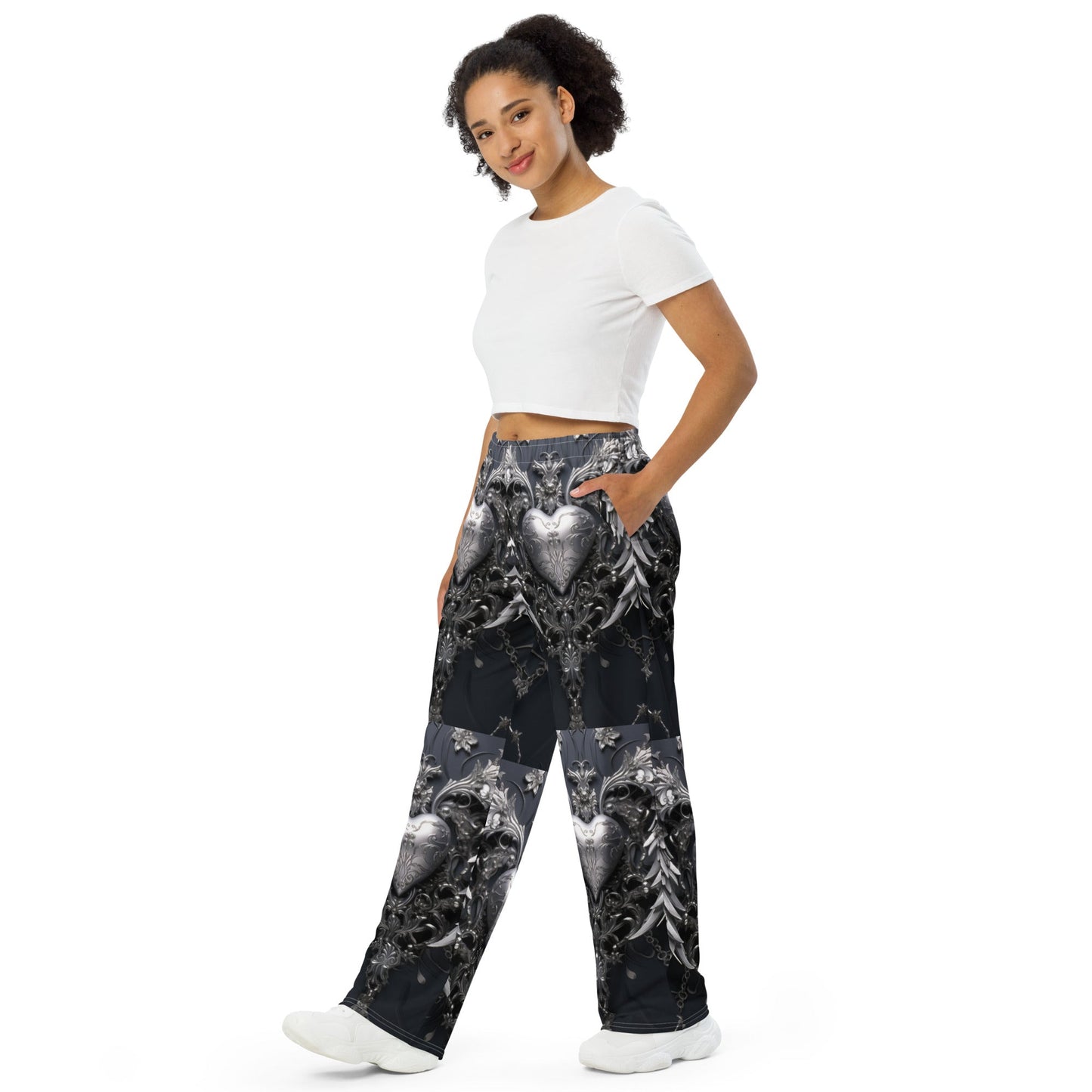 Front Hearts of Chrome All-over print unisex wide-leg pants Wide Legged Pant #MzKittyz #NikkiDKatArt