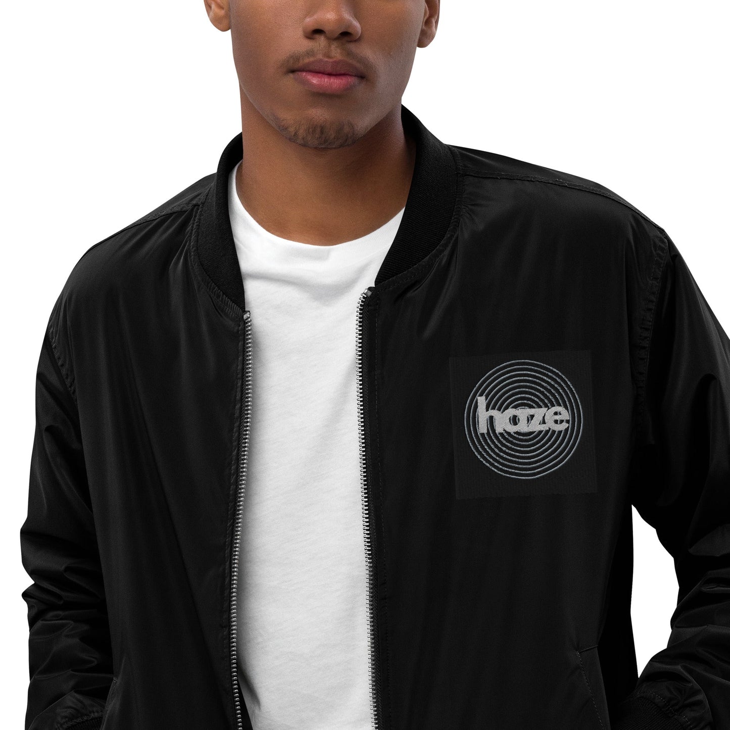 Front haze logo Embroidered Unisex Premium recycled bomber jacket Jacket #MzKittyz #NikkiDKatArt
