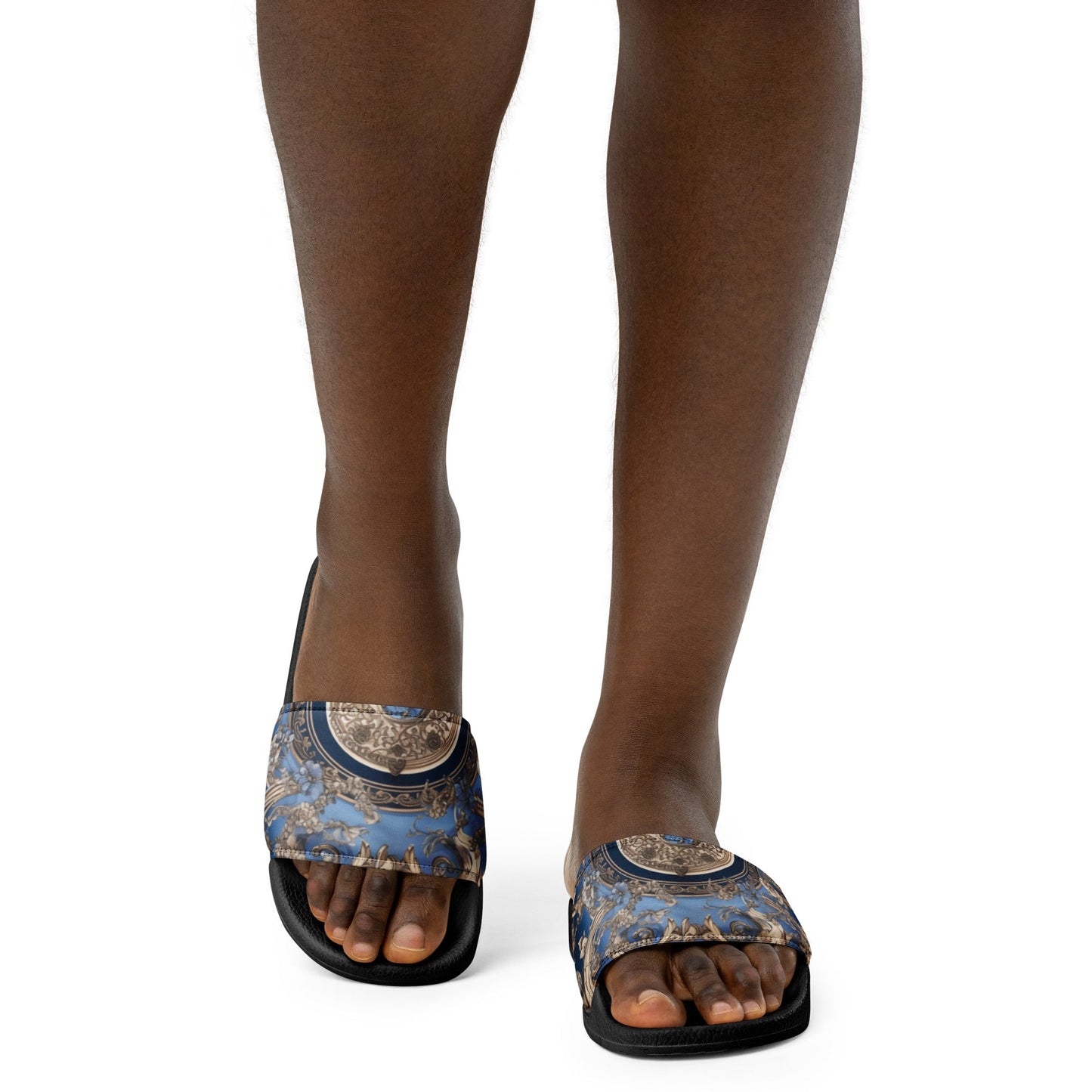 Front Blue, Silver & Gold Signature Scarf Design Women's Slides Slides #MzKittyz #NikkiDKatArt