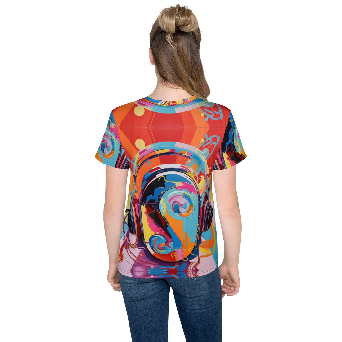 Front Nikki Max Headphones Face Youth crew neck t-shirt #MzKittyz #NikkiDKatArt
