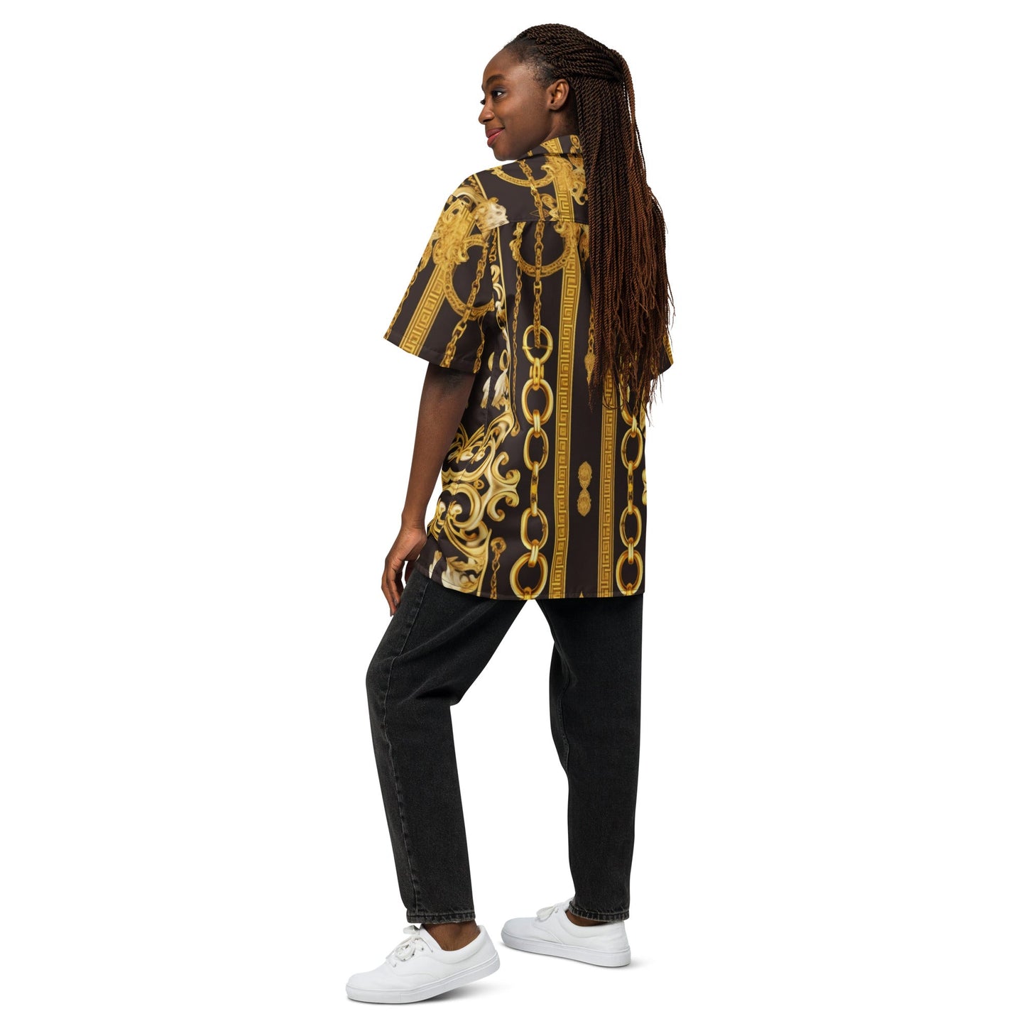 Front Gold & Black Baroque Signature Scarf Design Unisex button shirt Shirt #MzKittyz #NikkiDKatArt