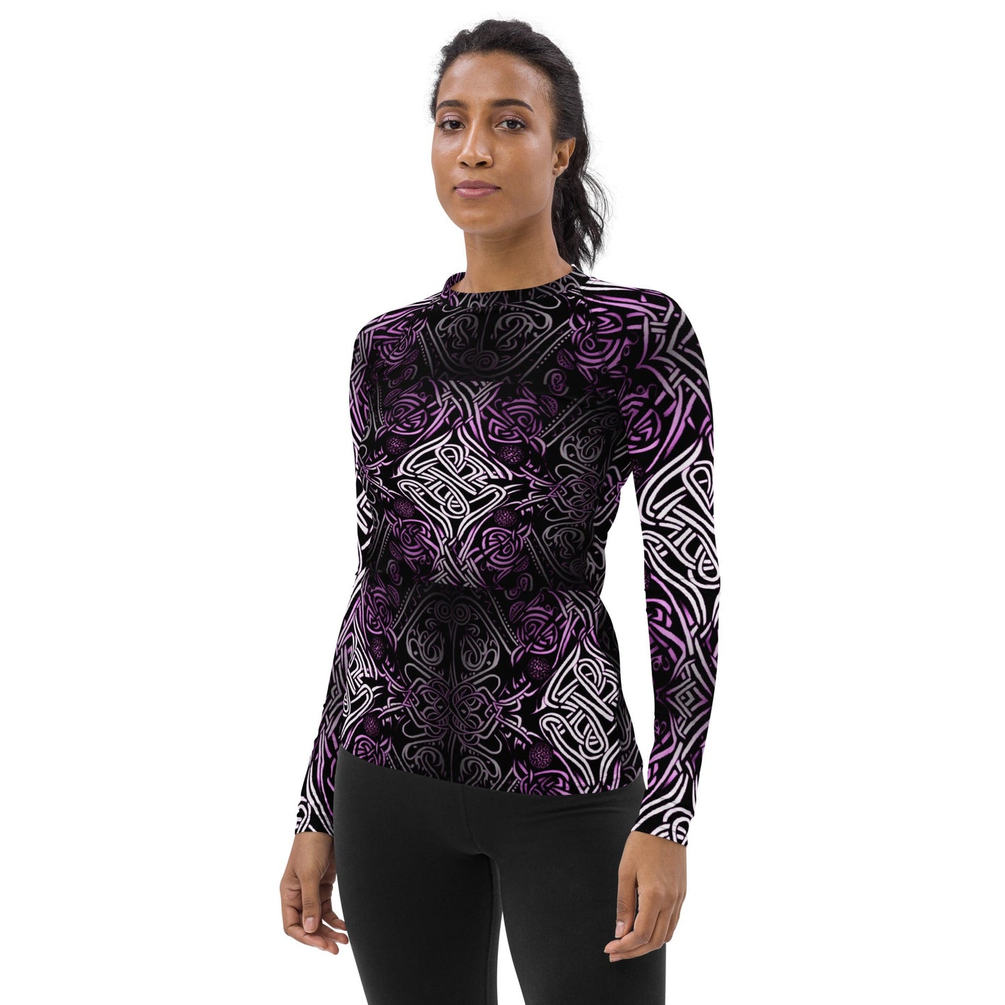 Front Purple Celtic Knot Women's Rash Guard #MzKittyz #NikkiDKatArt
