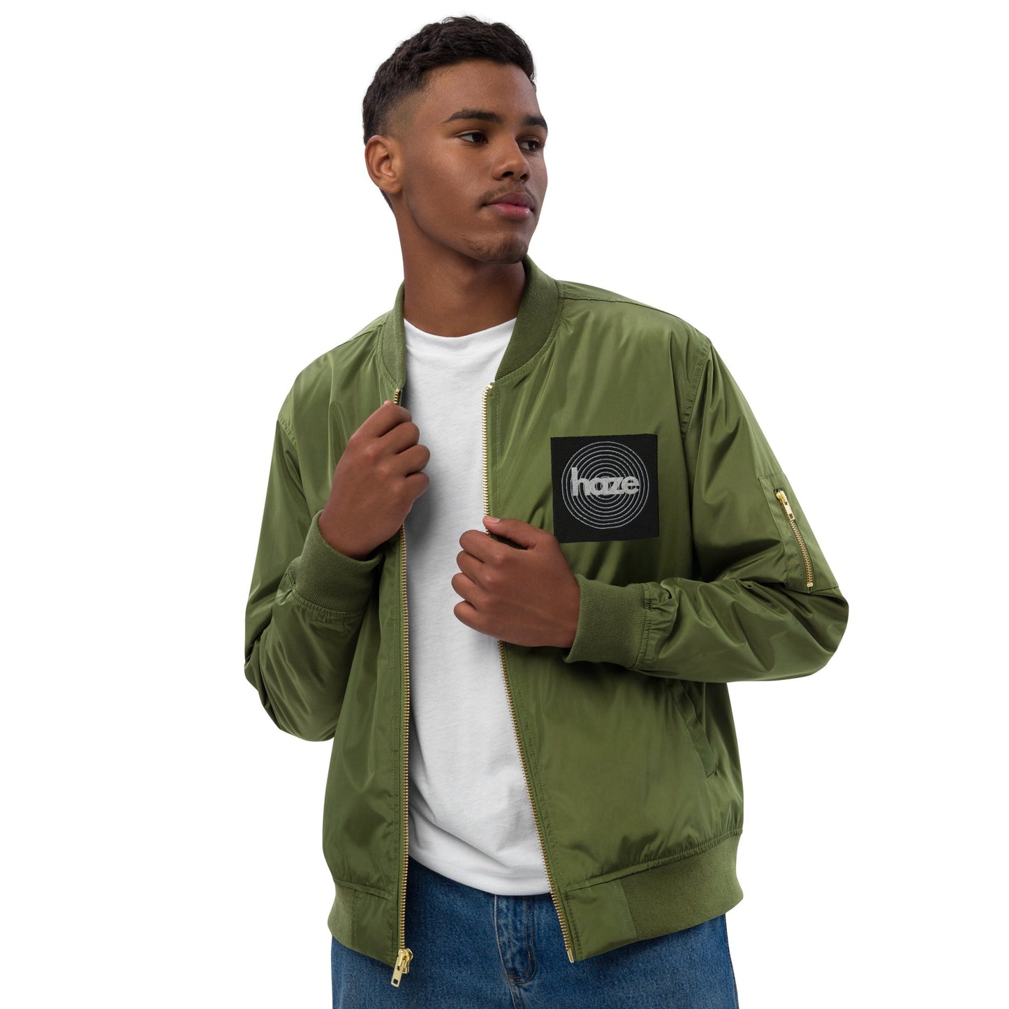 Front haze logo Embroidered Unisex Premium recycled bomber jacket Jacket #MzKittyz #NikkiDKatArt