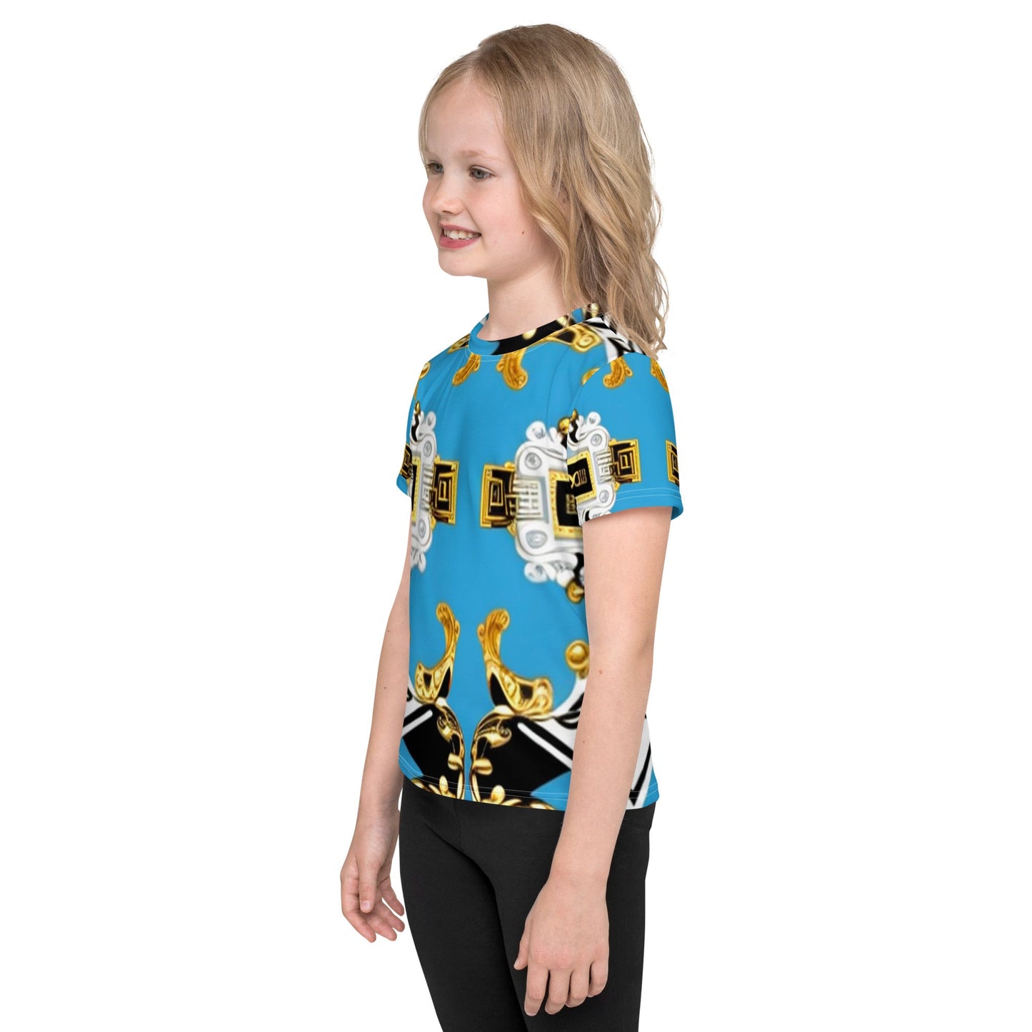 Front Blue Scroll Signature Scarf Design Kids crew neck T-shirt Tshirt, Kids #MzKittyz #NikkiDKatArt