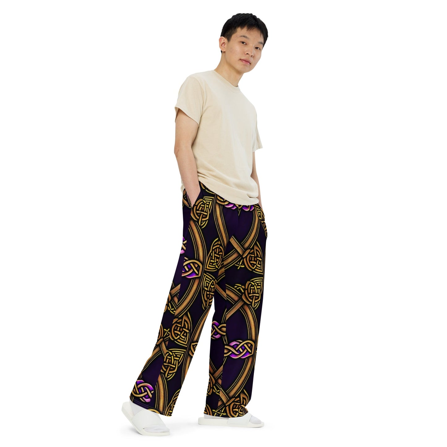 Front Celtic Knot Bronze Unisex wide-leg pants Wide Legged Pant #MzKittyz #NikkiDKatArt