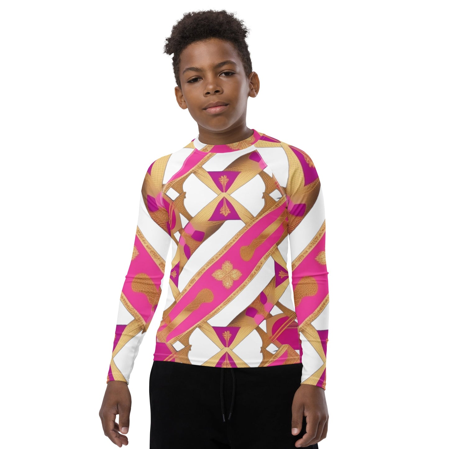 Front Pink & Gold Ribbon Signature Design Unisex Youth Rash Guard #MzKittyz #NikkiDKatArt