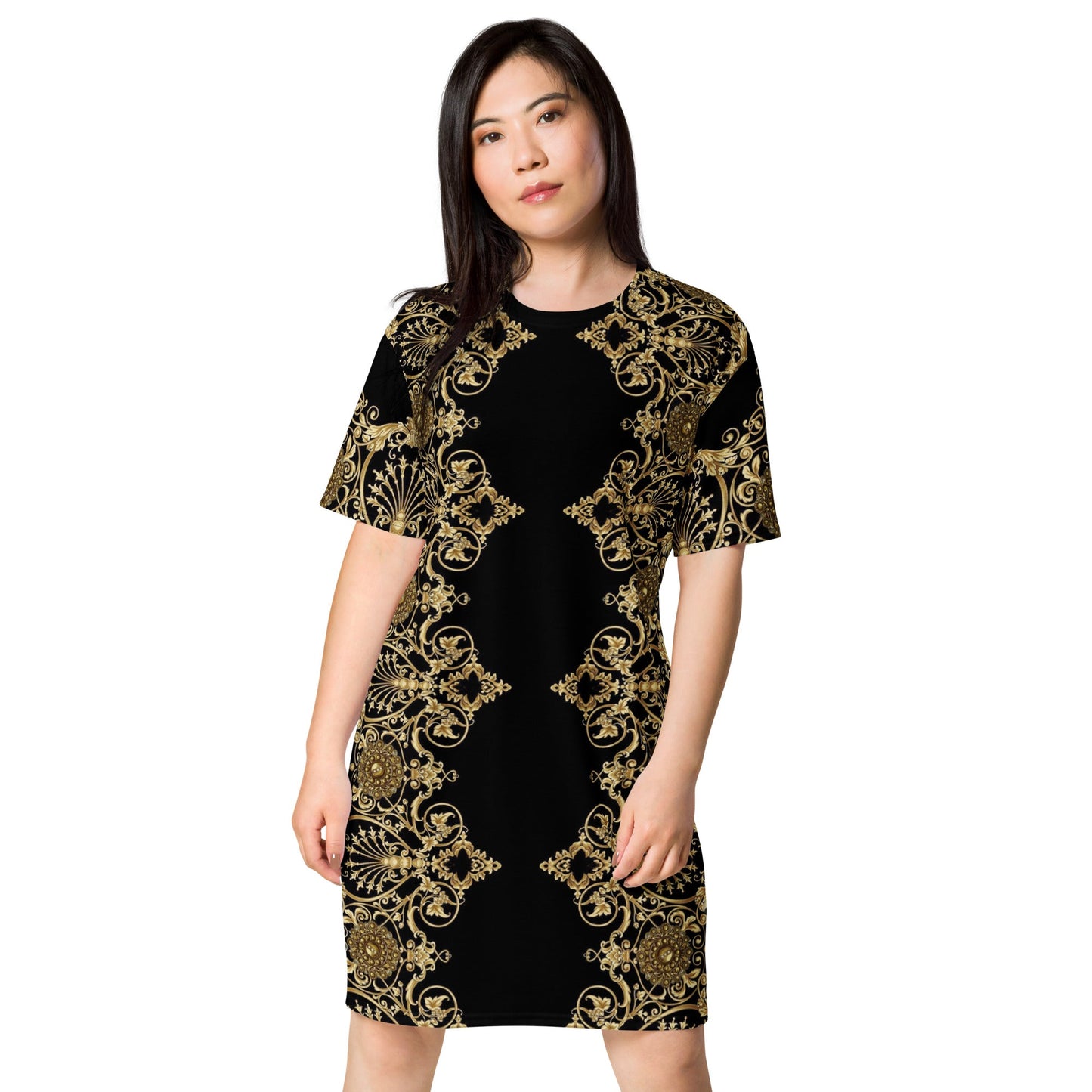 Front Lacie Lace Baroque Gold Women's T-shirt dress #MzKittyz #NikkiDKatArt