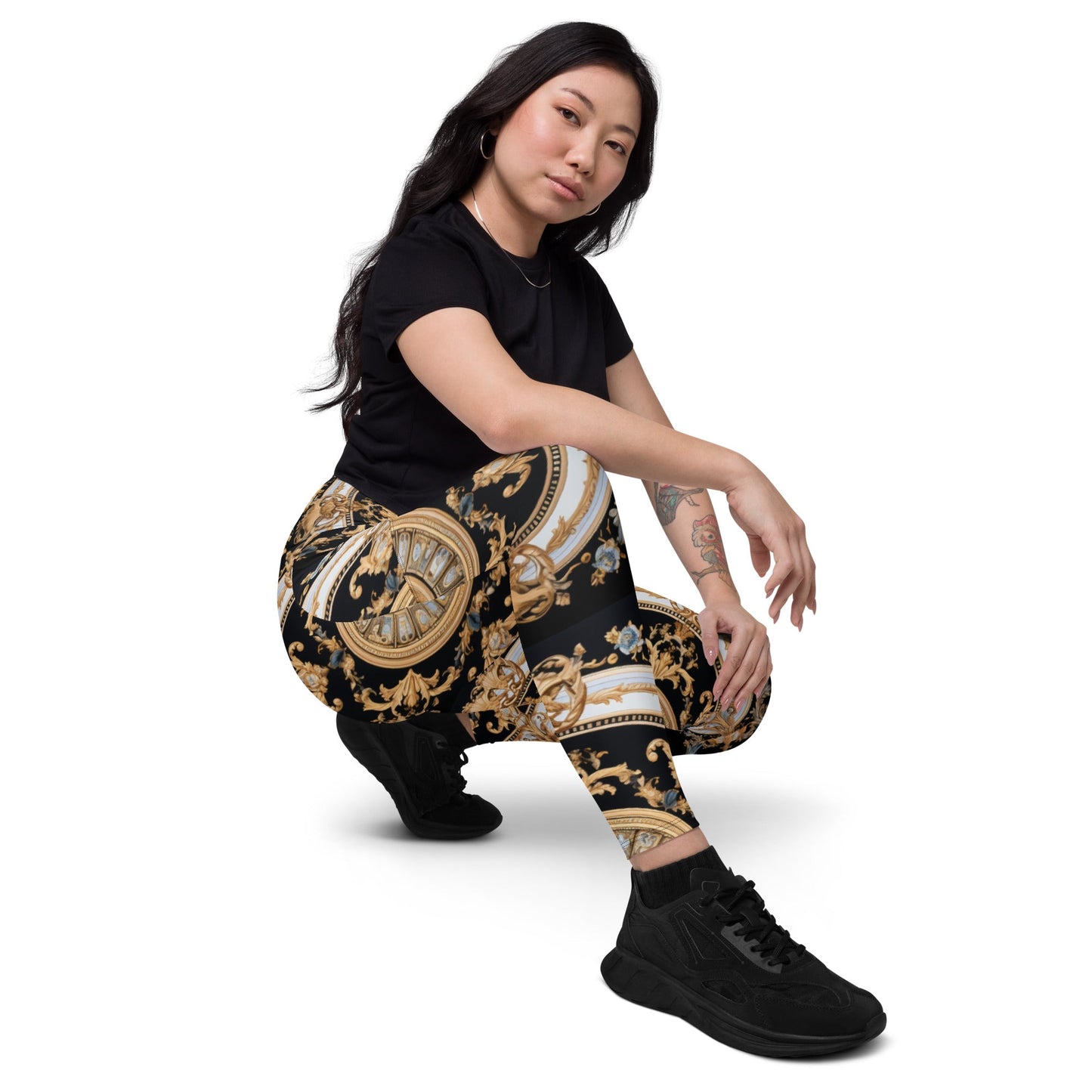 Front Mz Kittyz Black, Gold, Grey, Signature Scarf Design Leggings with pockets Leggings #MzKittyz #NikkiDKatArt