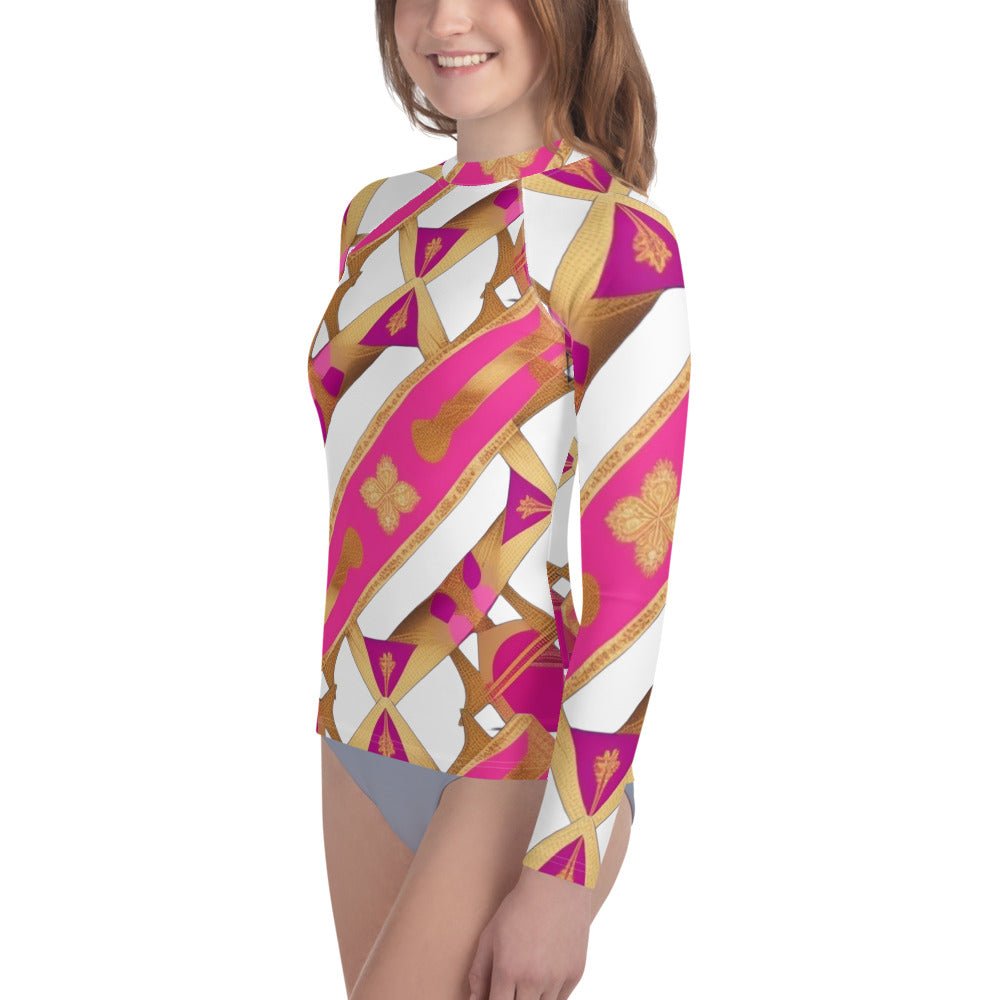 Front Pink & Gold Ribbon Signature Design Unisex Youth Rash Guard #MzKittyz #NikkiDKatArt