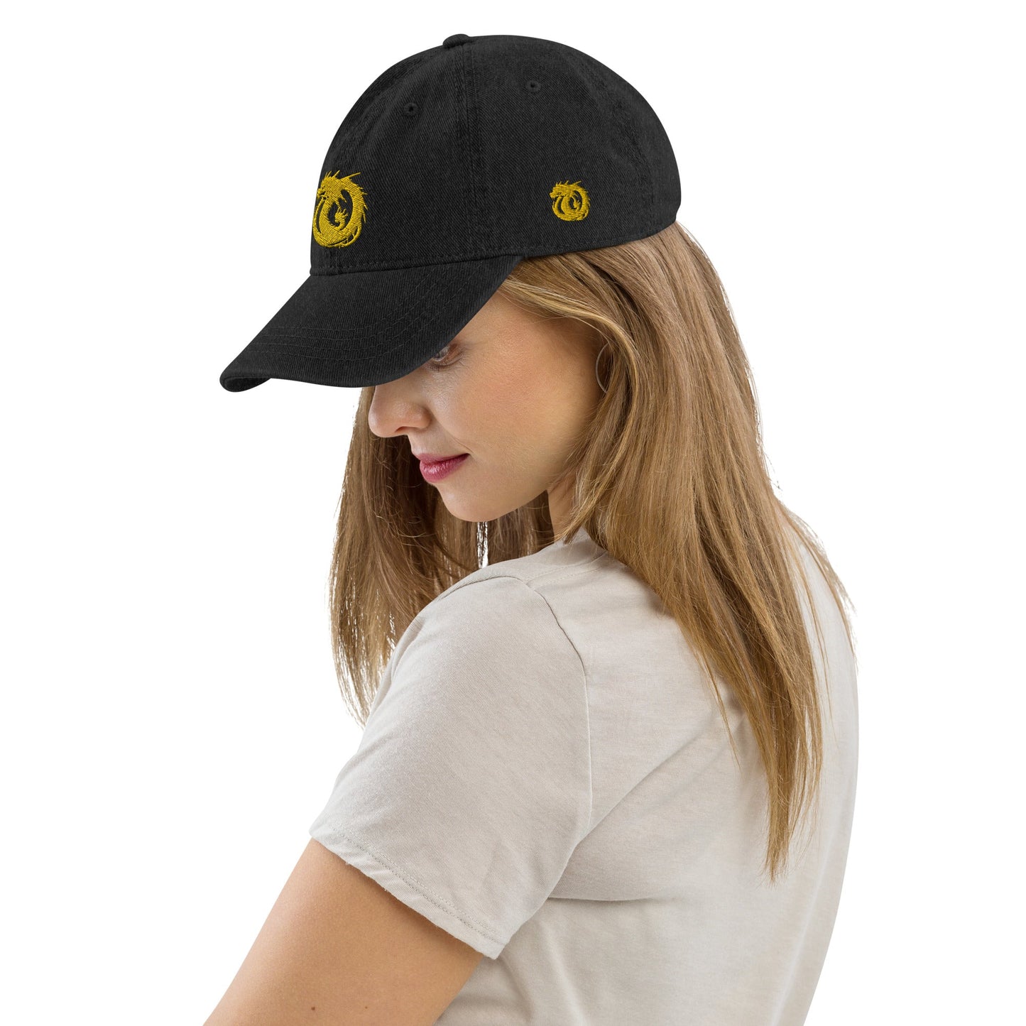 Front Golden Dragon 3D Embroidered Denim Hat #MzKittyz #NikkiDKatArt
