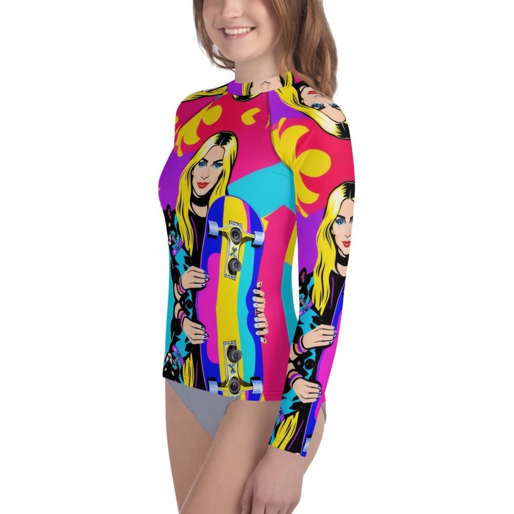 Front Mz Kitty Skateboard Kat Youth Rash Guard Shirt Moisture Wicking Shirt #MzKittyz #NikkiDKatArt