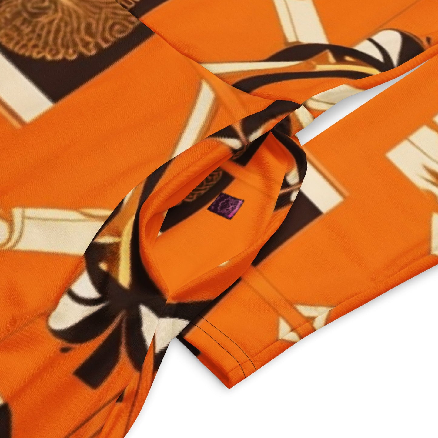 Front MzKittyz Signature Scarf Design in Orange - All-over print long sleeve midi dress w/pockets mid length #NikkiDKatArt