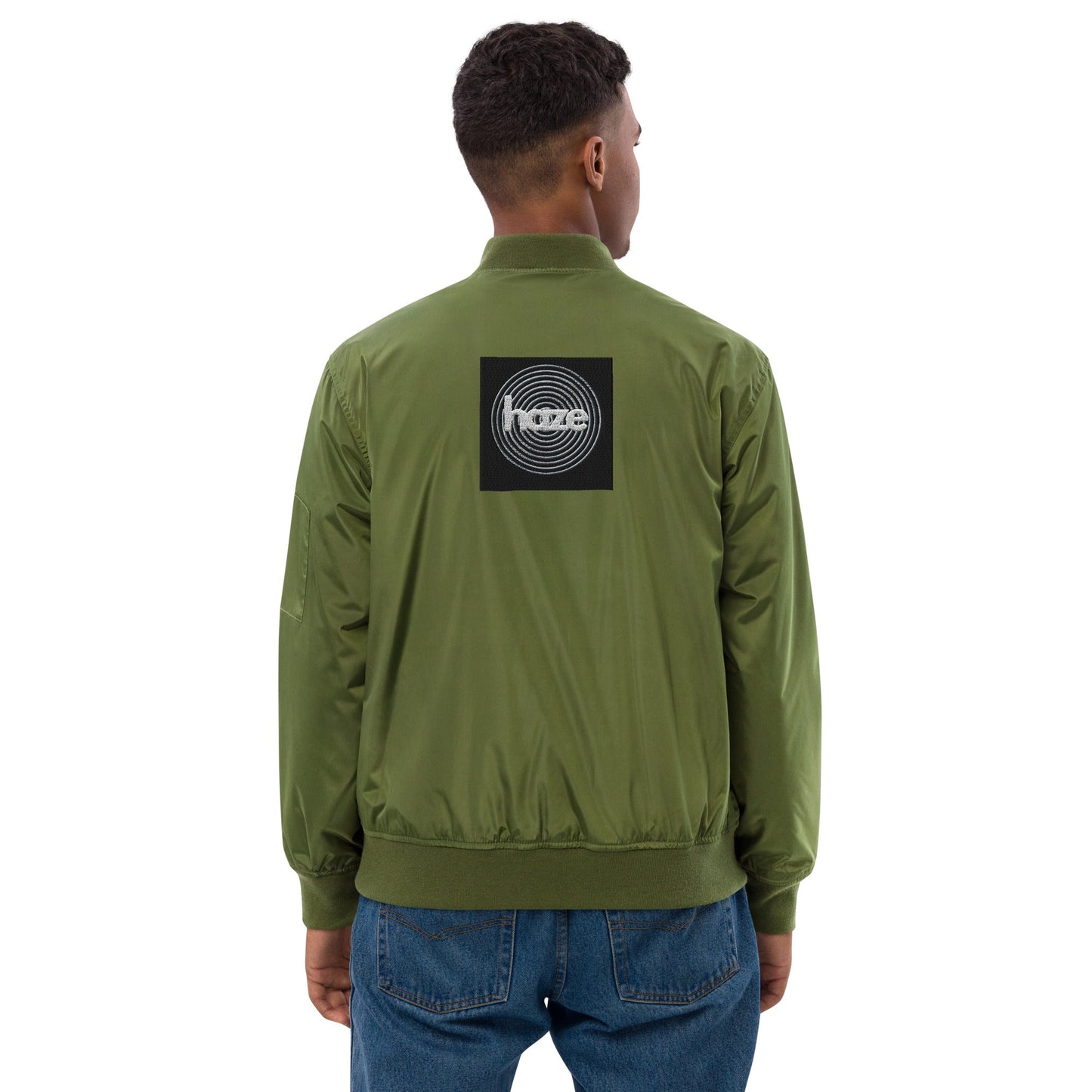 Front haze logo Embroidered Unisex Premium recycled bomber jacket Jacket #MzKittyz #NikkiDKatArt
