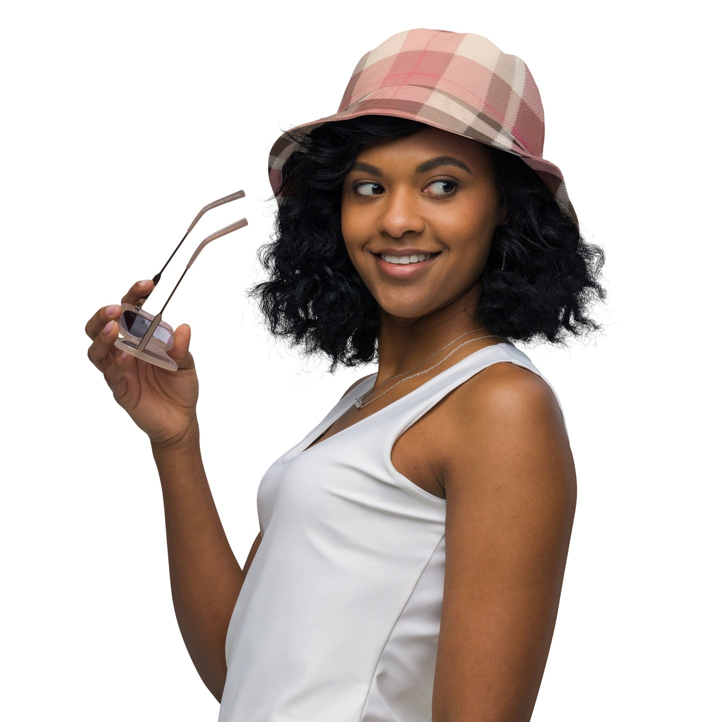 Front Lt Pink Plaid Unisex Reversible Bucket Hat Bucket #MzKittyz #NikkiDKatArt