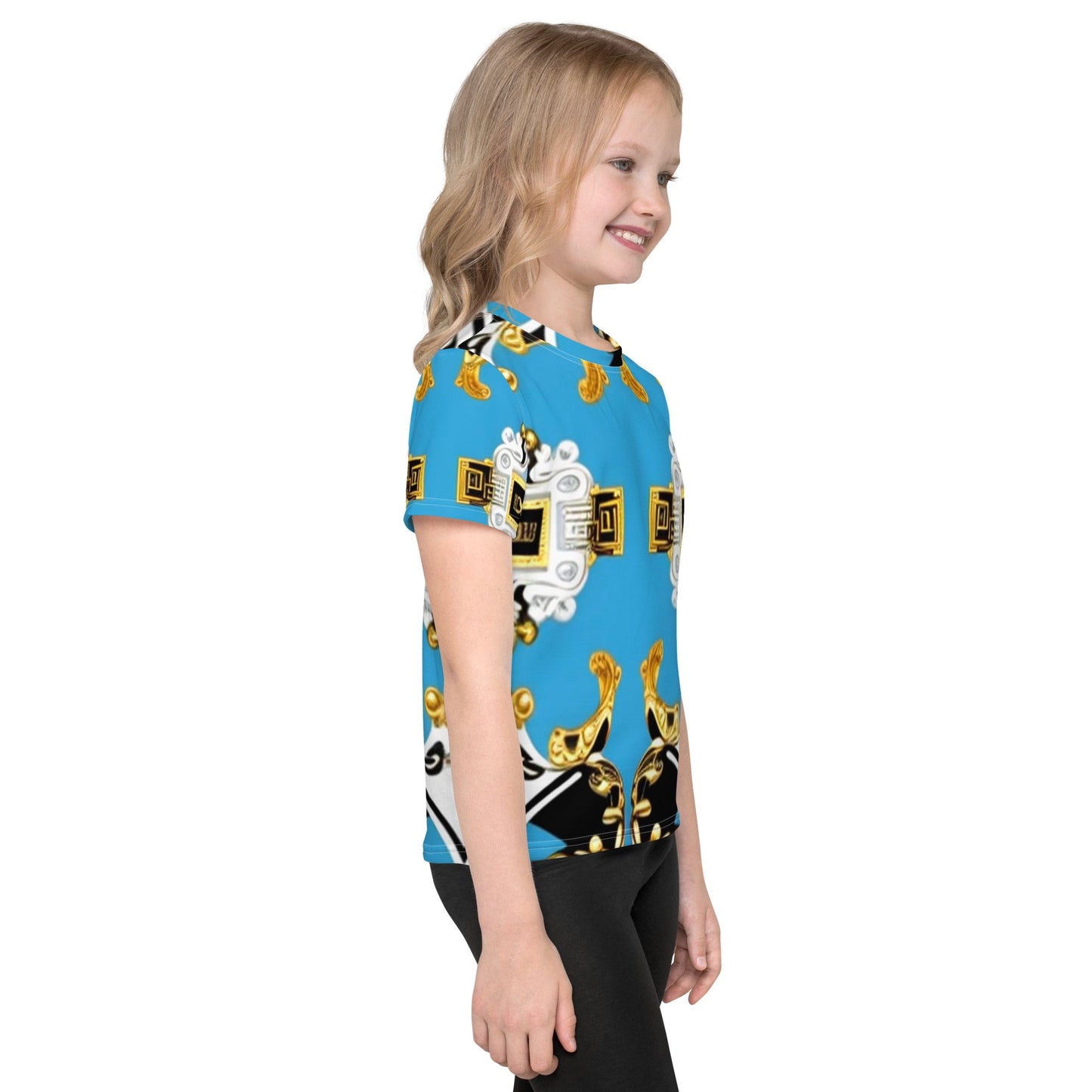 Front Blue Scroll Signature Scarf Design Kids crew neck T-shirt Tshirt, Kids #MzKittyz #NikkiDKatArt