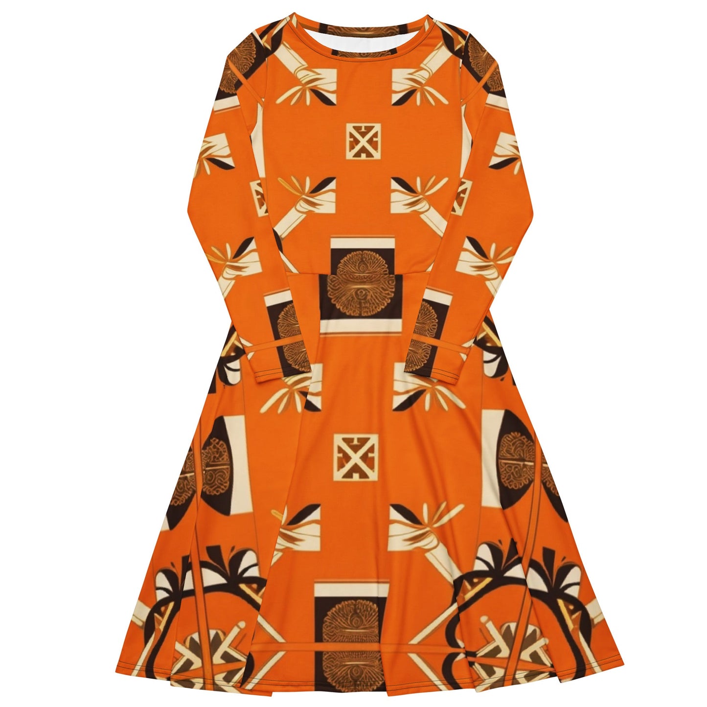 Front MzKittyz Signature Scarf Design in Orange - All-over print long sleeve midi dress w/pockets mid length