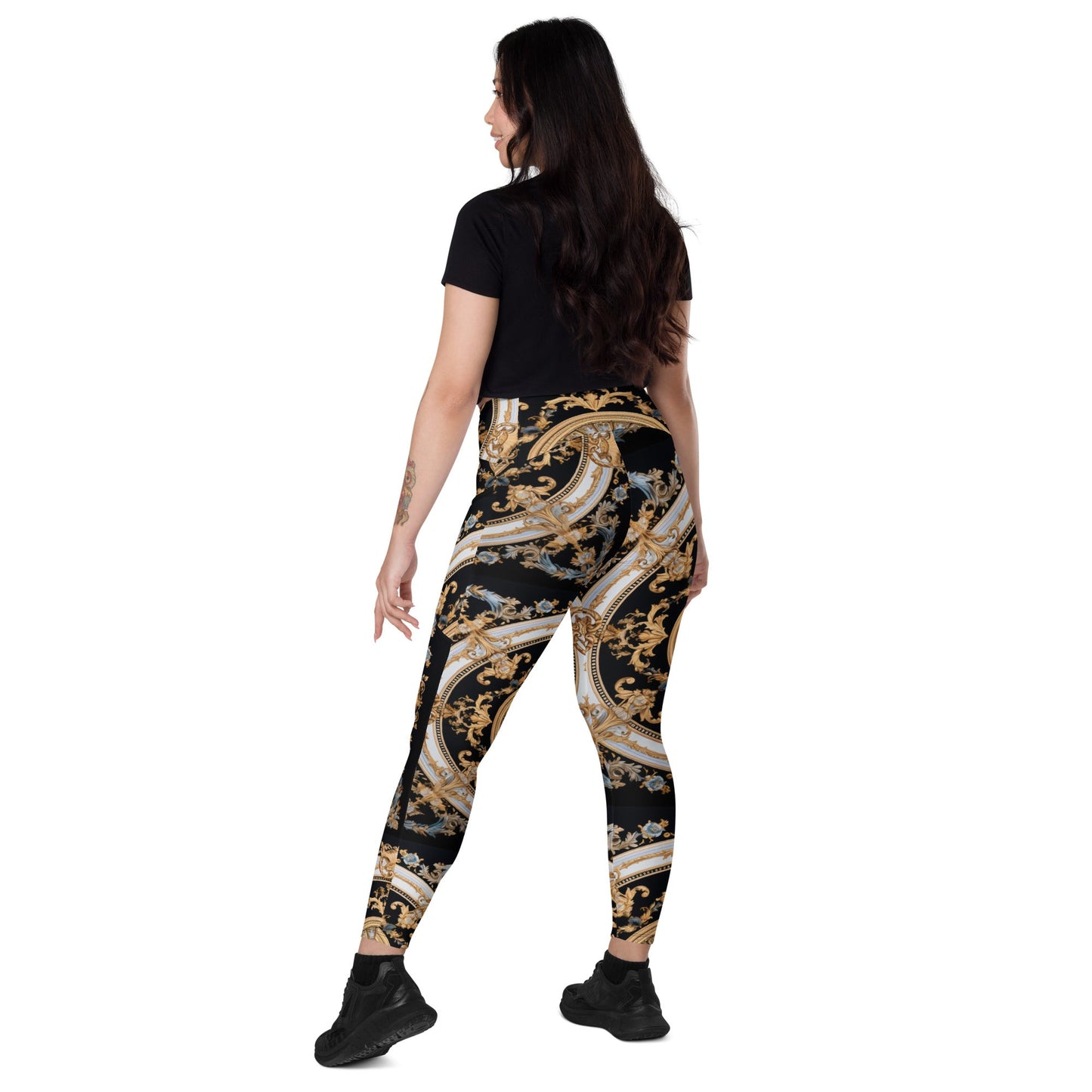 Front Mz Kittyz Black, Gold, Grey, Signature Scarf Design Leggings with pockets Leggings #MzKittyz #NikkiDKatArt