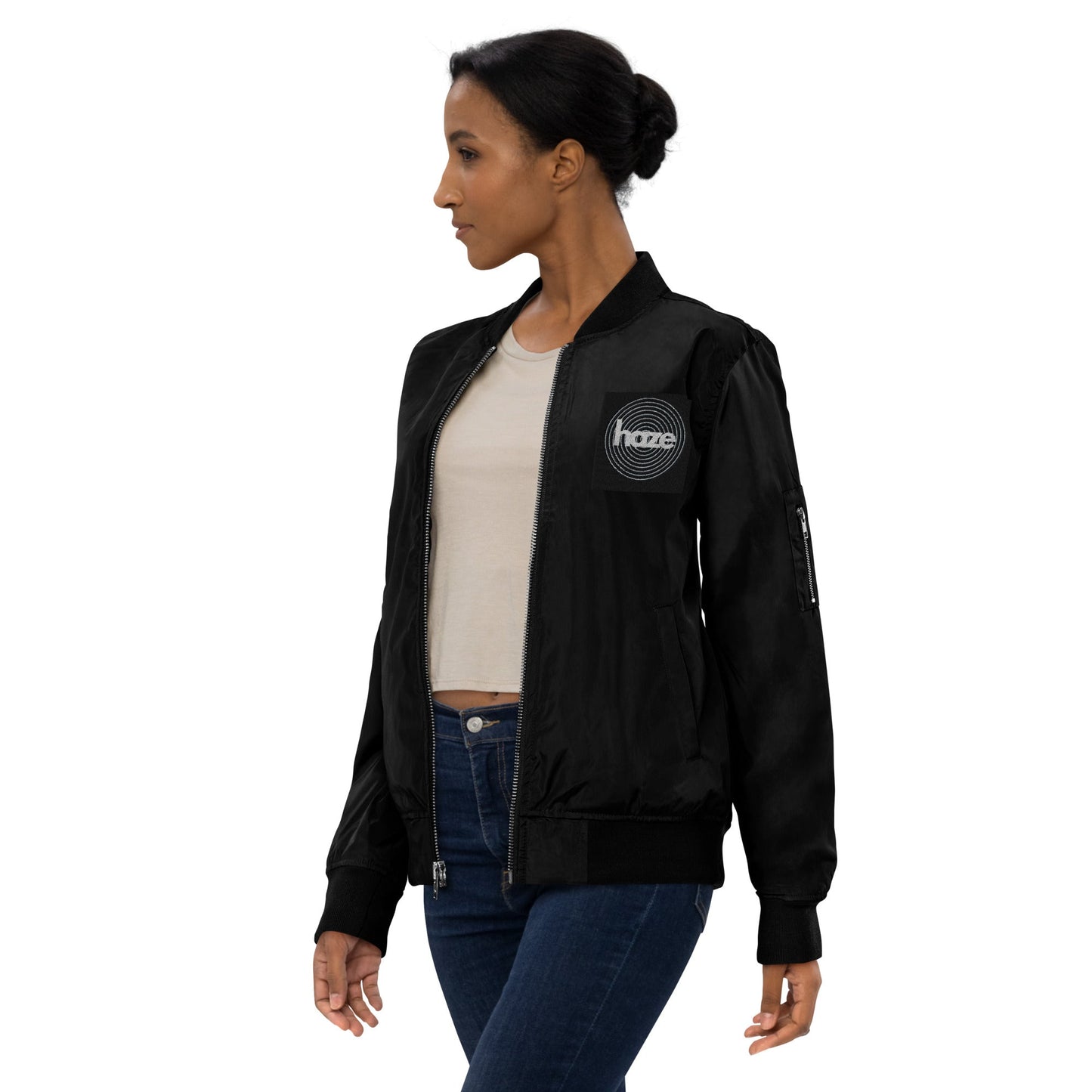 Front haze logo Embroidered Unisex Premium recycled bomber jacket Jacket #MzKittyz #NikkiDKatArt
