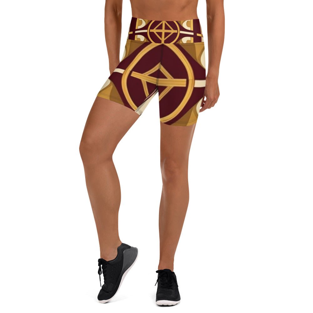 Front Burgundy Signature Scarf Design Women's Yoga Shorts yoga #MzKittyz #NikkiDKatArt