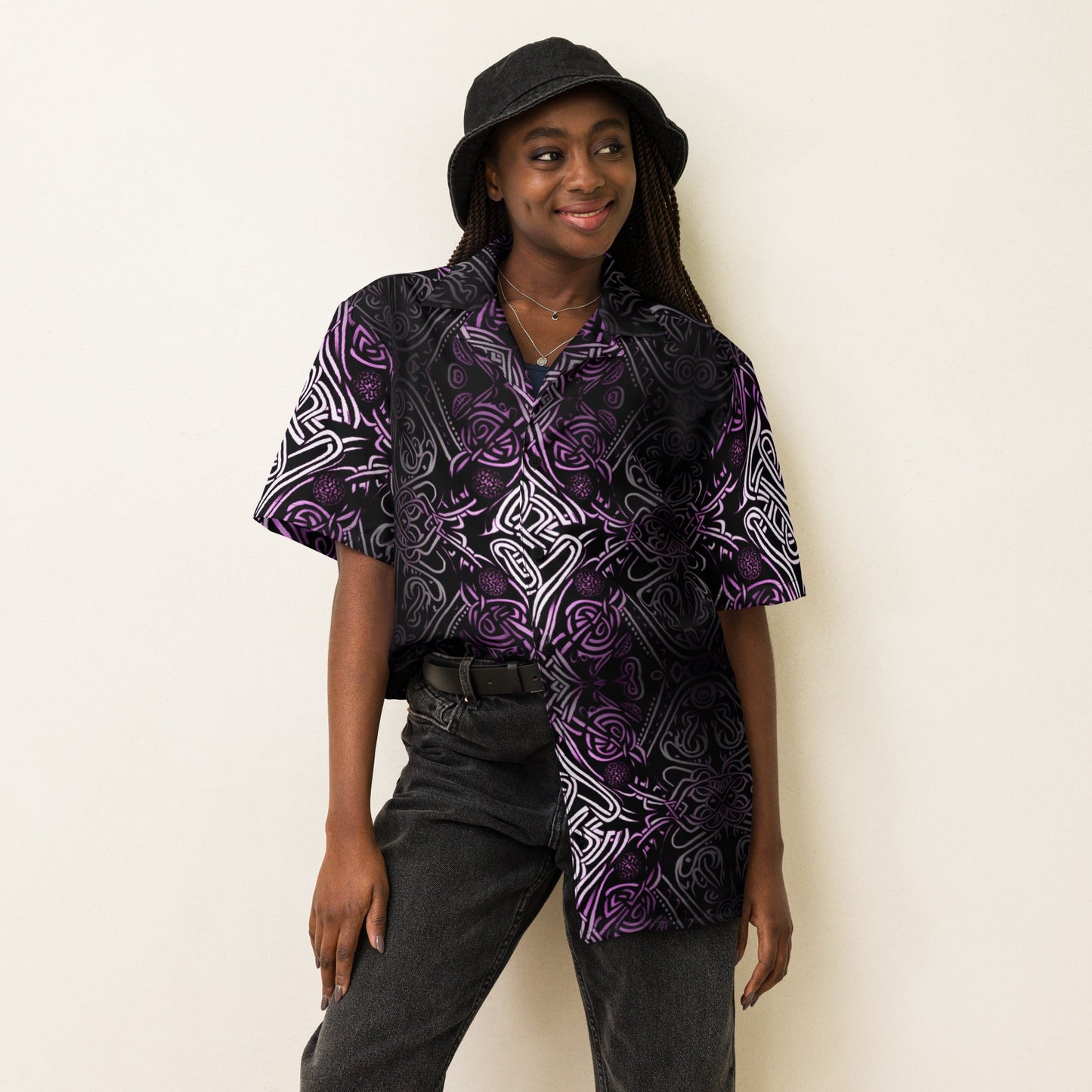 Front Purple Celtic Knot Unisex button shirt #MzKittyz #NikkiDKatArt