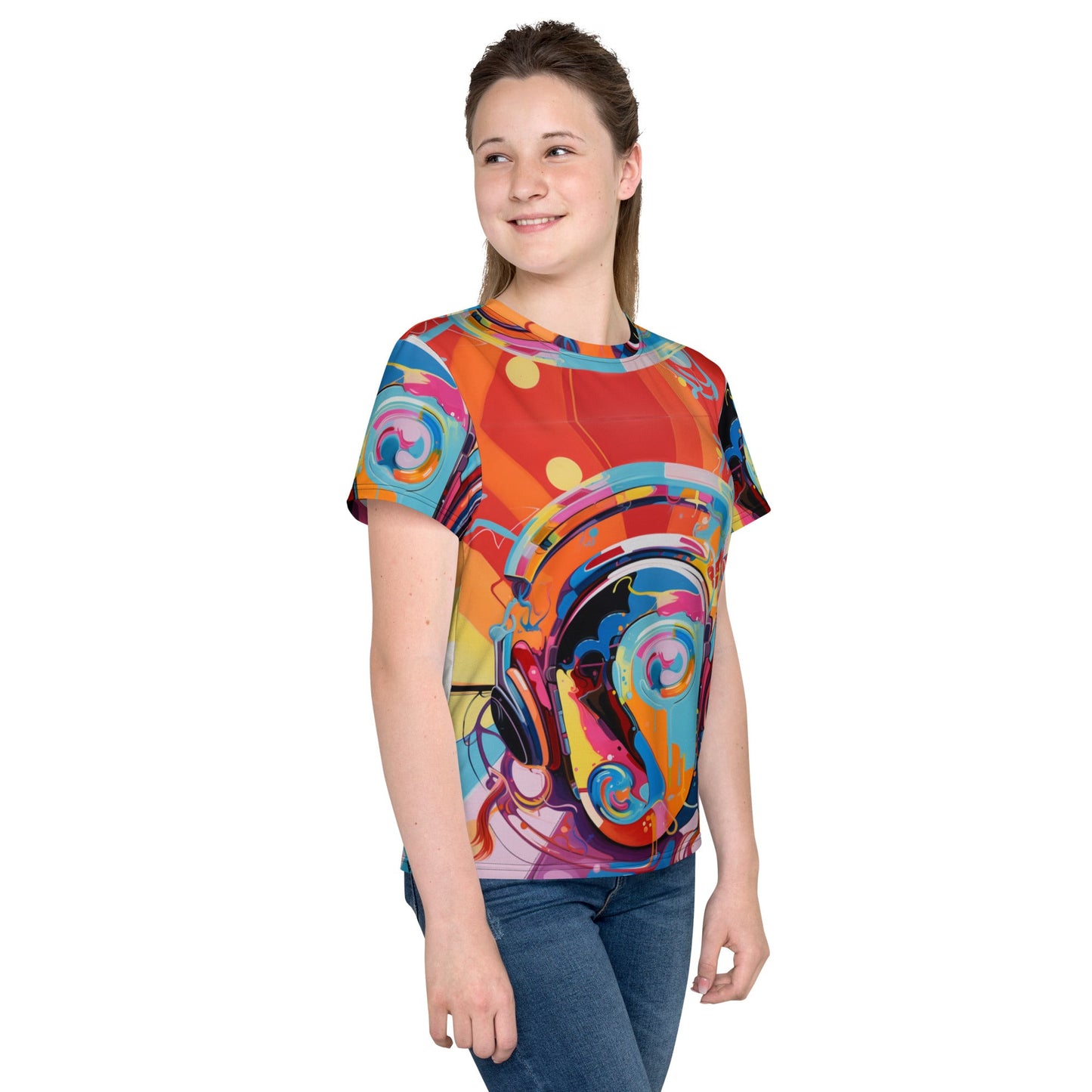 Front Nikki Max Headphones Face Youth crew neck t-shirt #MzKittyz #NikkiDKatArt