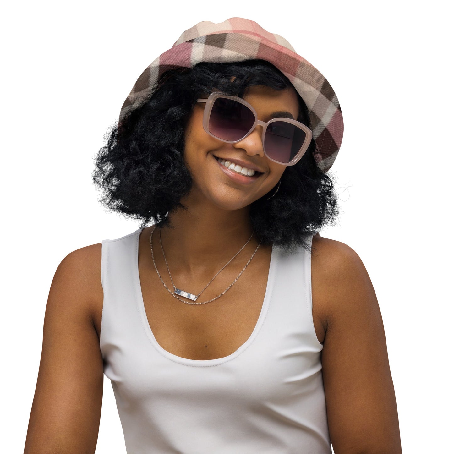 Front Lt Pink Plaid Unisex Reversible Bucket Hat Bucket #MzKittyz #NikkiDKatArt