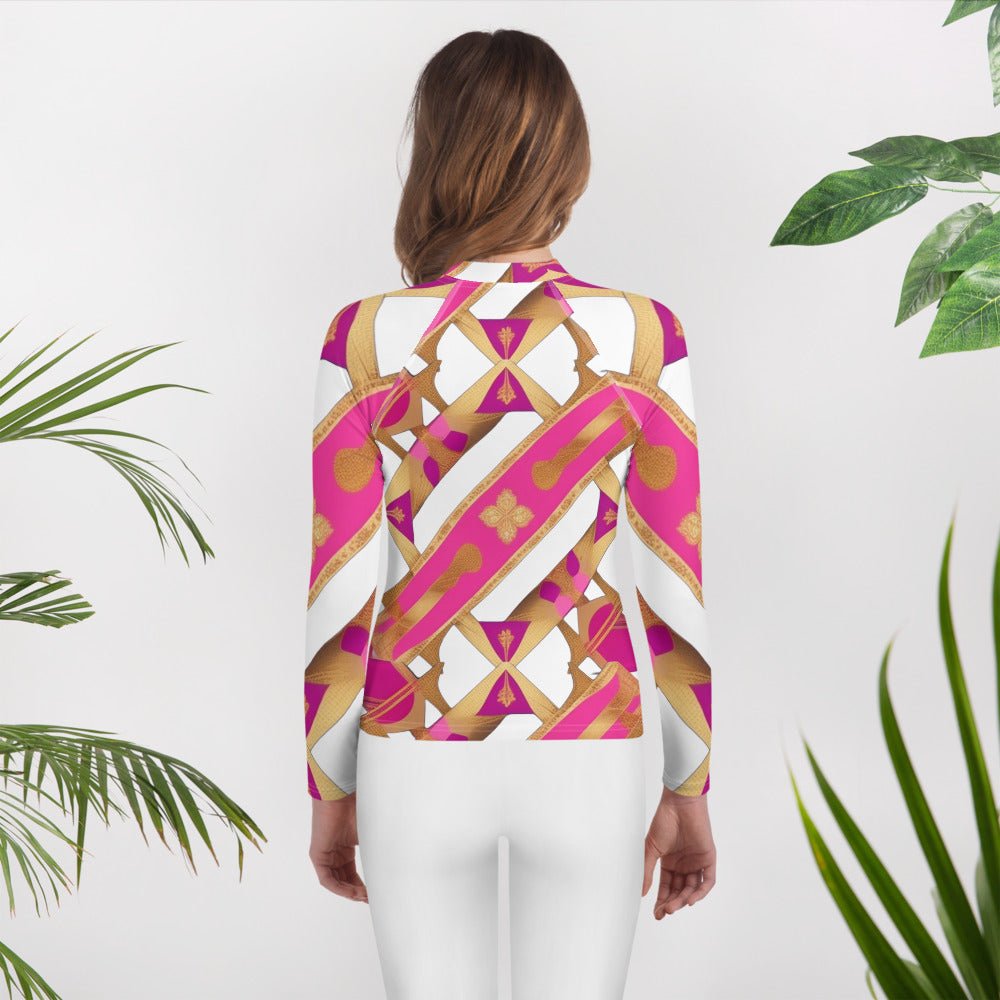 Front Pink & Gold Ribbon Signature Design Unisex Youth Rash Guard #MzKittyz #NikkiDKatArt