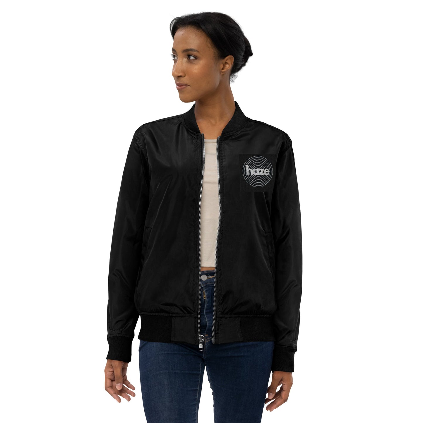 Front haze logo Embroidered Unisex Premium recycled bomber jacket Jacket #MzKittyz #NikkiDKatArt