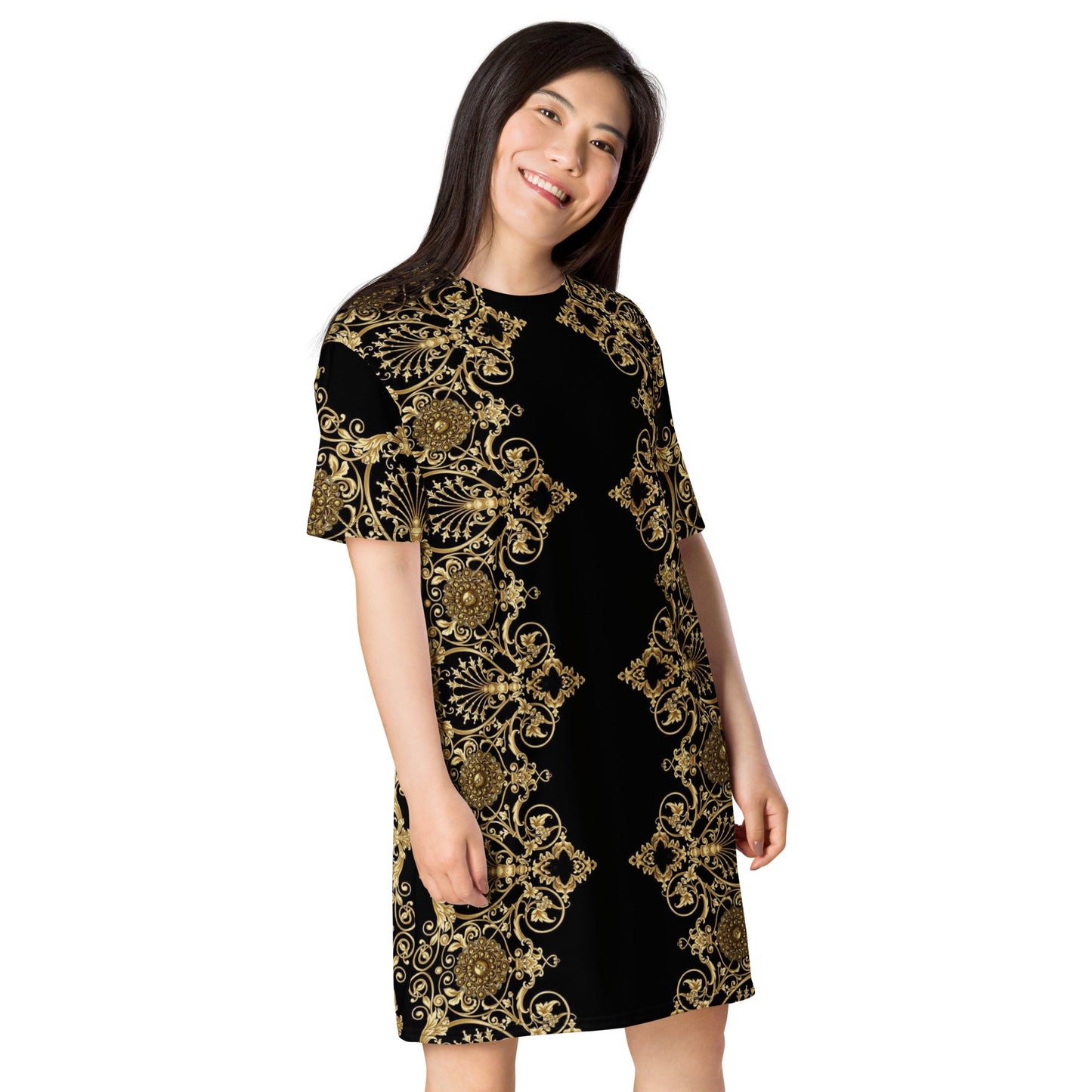 Front Lacie Lace Baroque Gold Women's T-shirt dress #MzKittyz #NikkiDKatArt