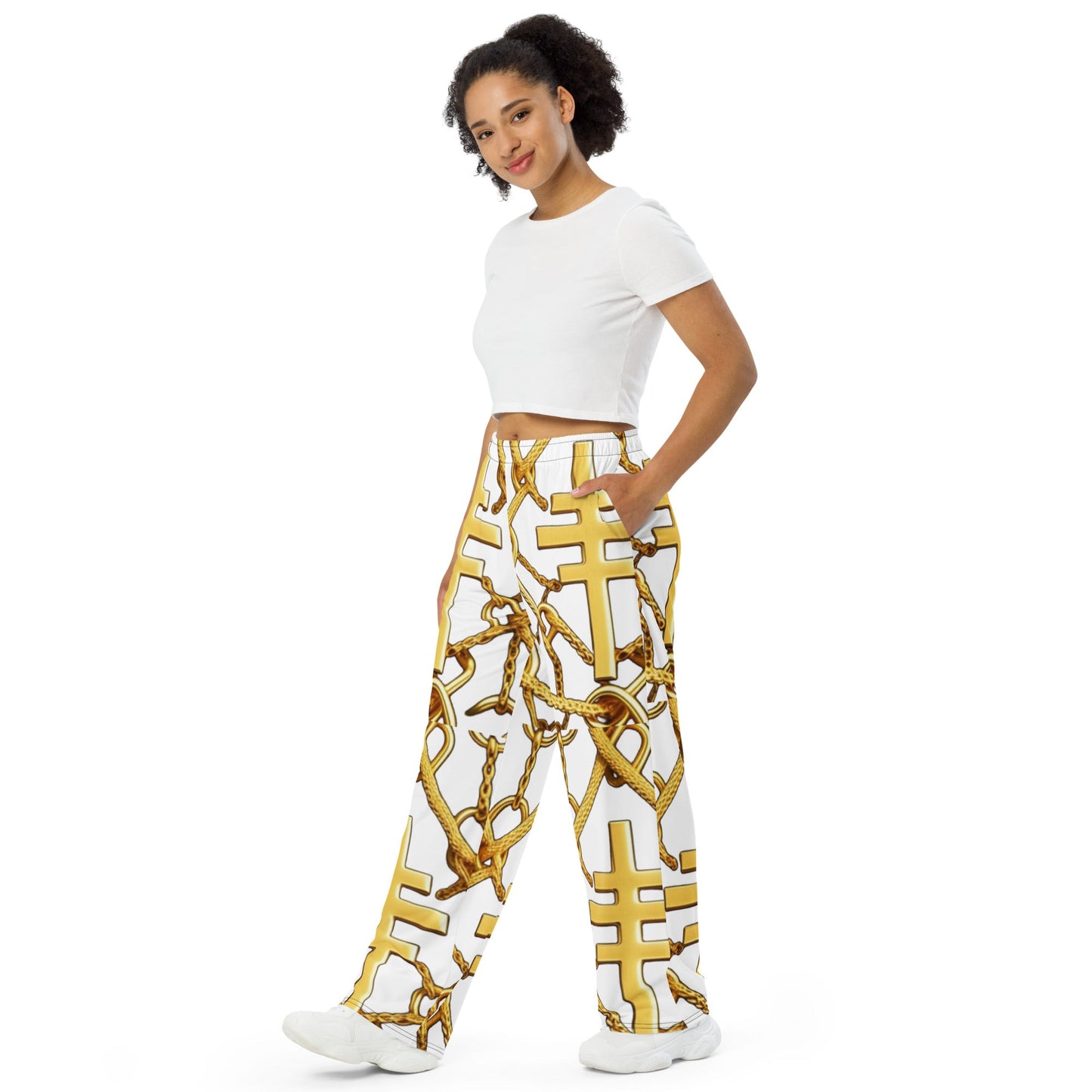 Front Gospel Link Chain unisex wide-leg pants Wide Legged Pant #MzKittyz #NikkiDKatArt
