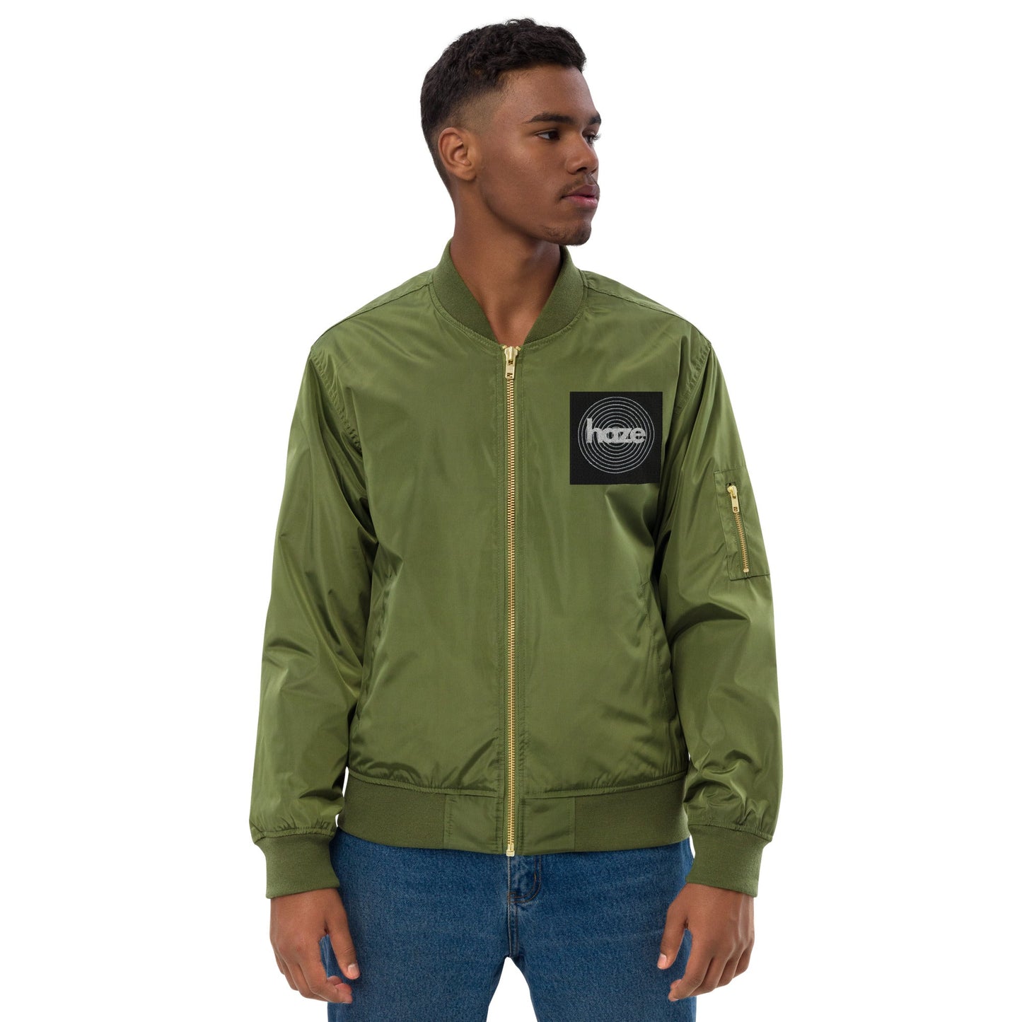 Front haze logo Embroidered Unisex Premium recycled bomber jacket Jacket #MzKittyz #NikkiDKatArt