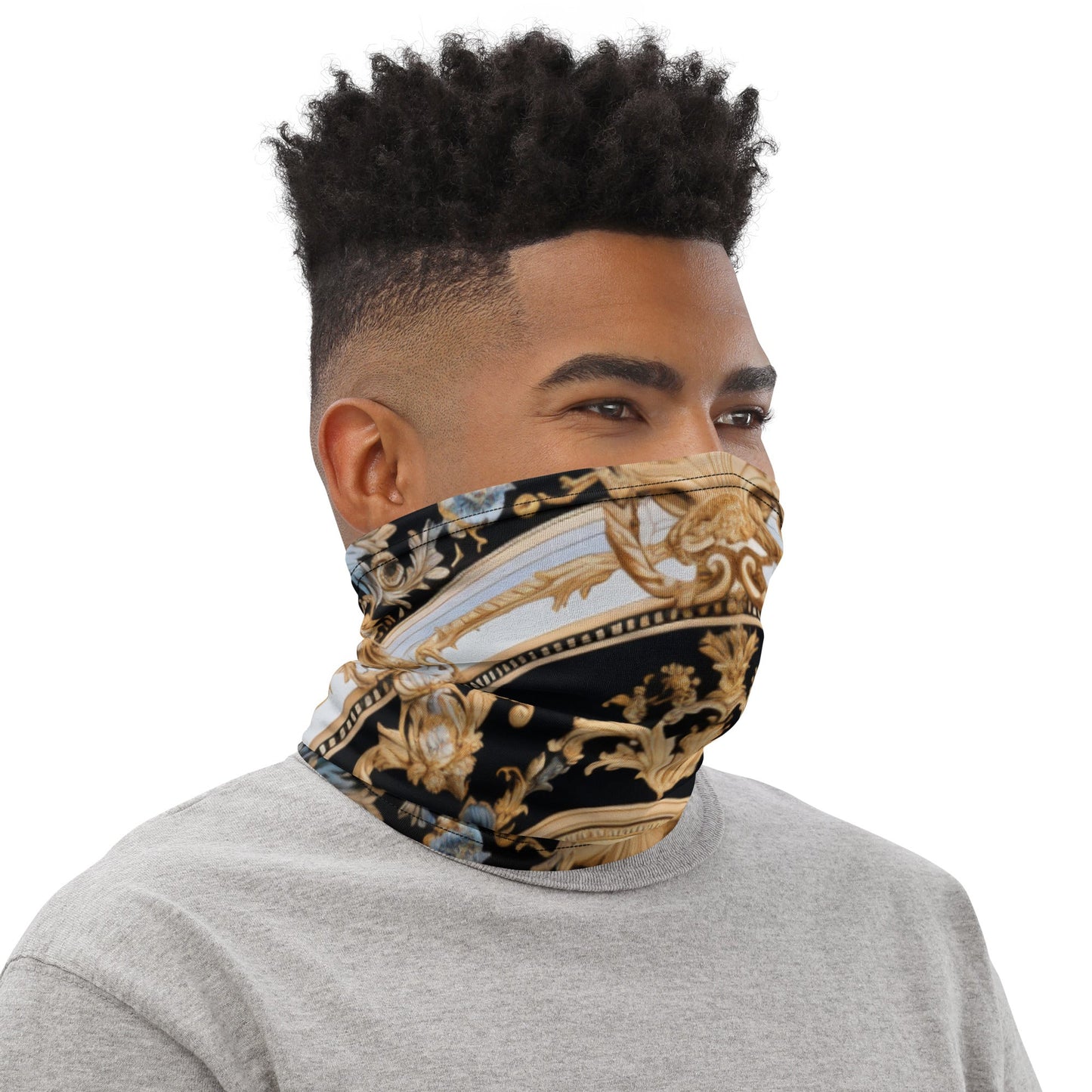 Front Gold & Black Signature Scarf Mask, Neck Gaiter Mask #MzKittyz #NikkiDKatArt