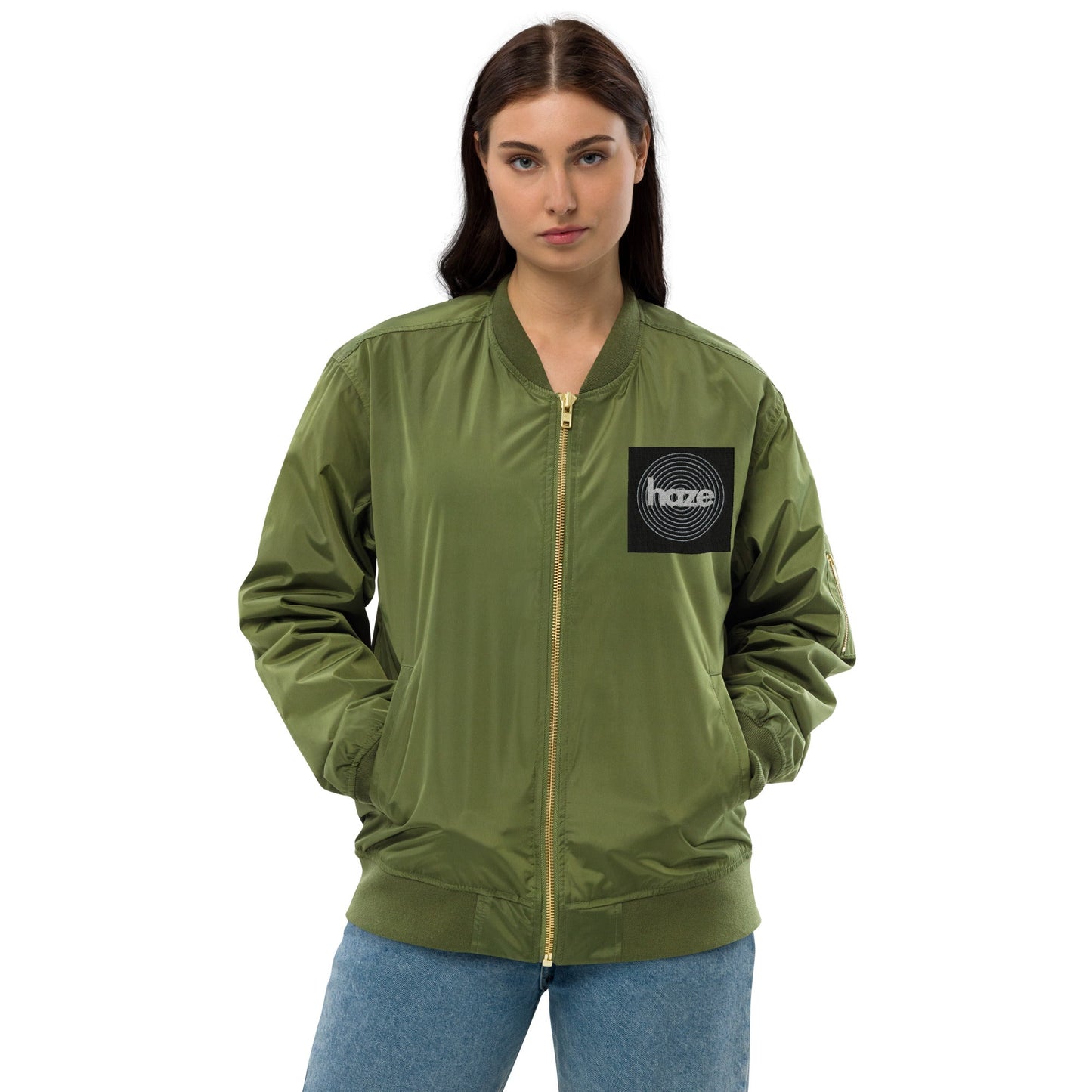 Front haze logo Embroidered Unisex Premium recycled bomber jacket Jacket #MzKittyz #NikkiDKatArt