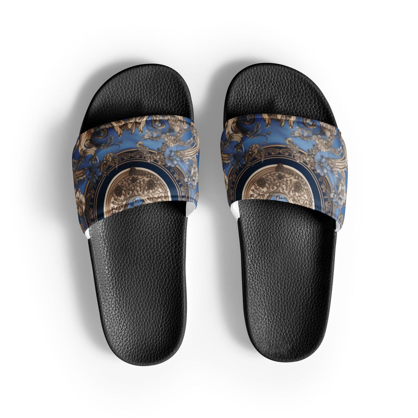 Front Blue, Silver & Gold Signature Scarf Design Women's Slides Slides #MzKittyz #NikkiDKatArt