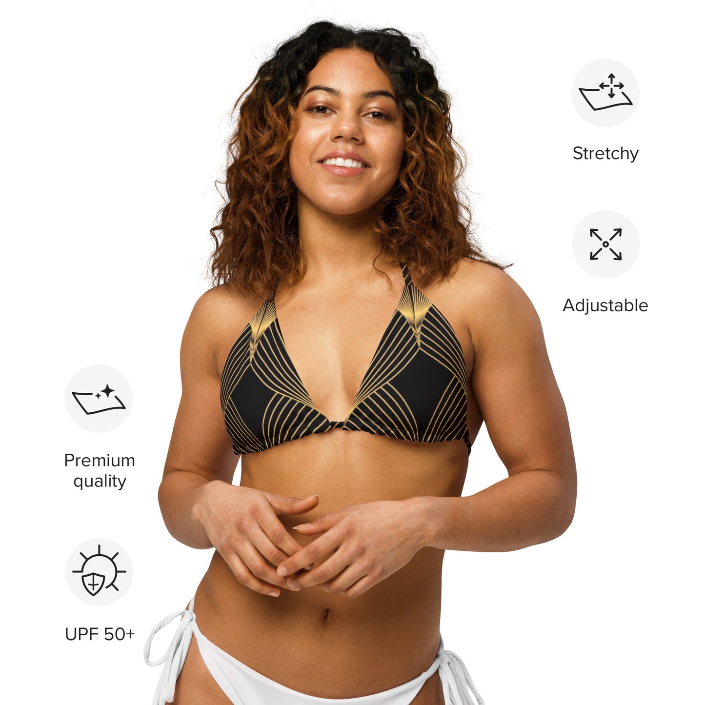 Front Deco Art Signature Women's recycled string bikini top #MzKittyz #NikkiDKatArt