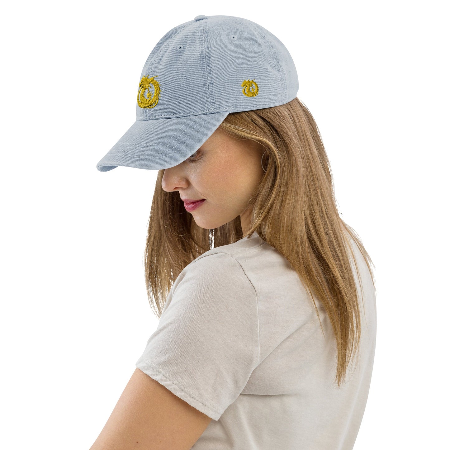 Front Golden Dragon 3D Embroidered Denim Hat #MzKittyz #NikkiDKatArt