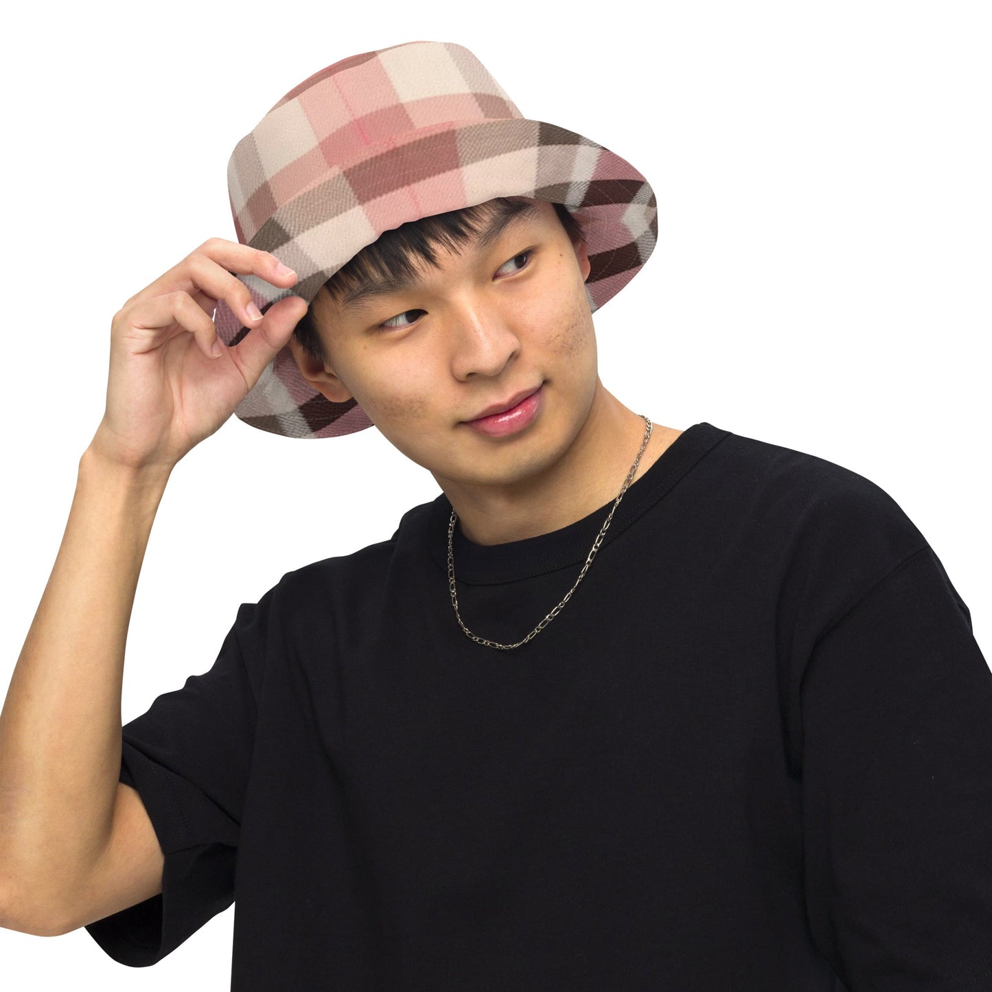 Front Lt Pink Plaid Unisex Reversible Bucket Hat Bucket #MzKittyz #NikkiDKatArt