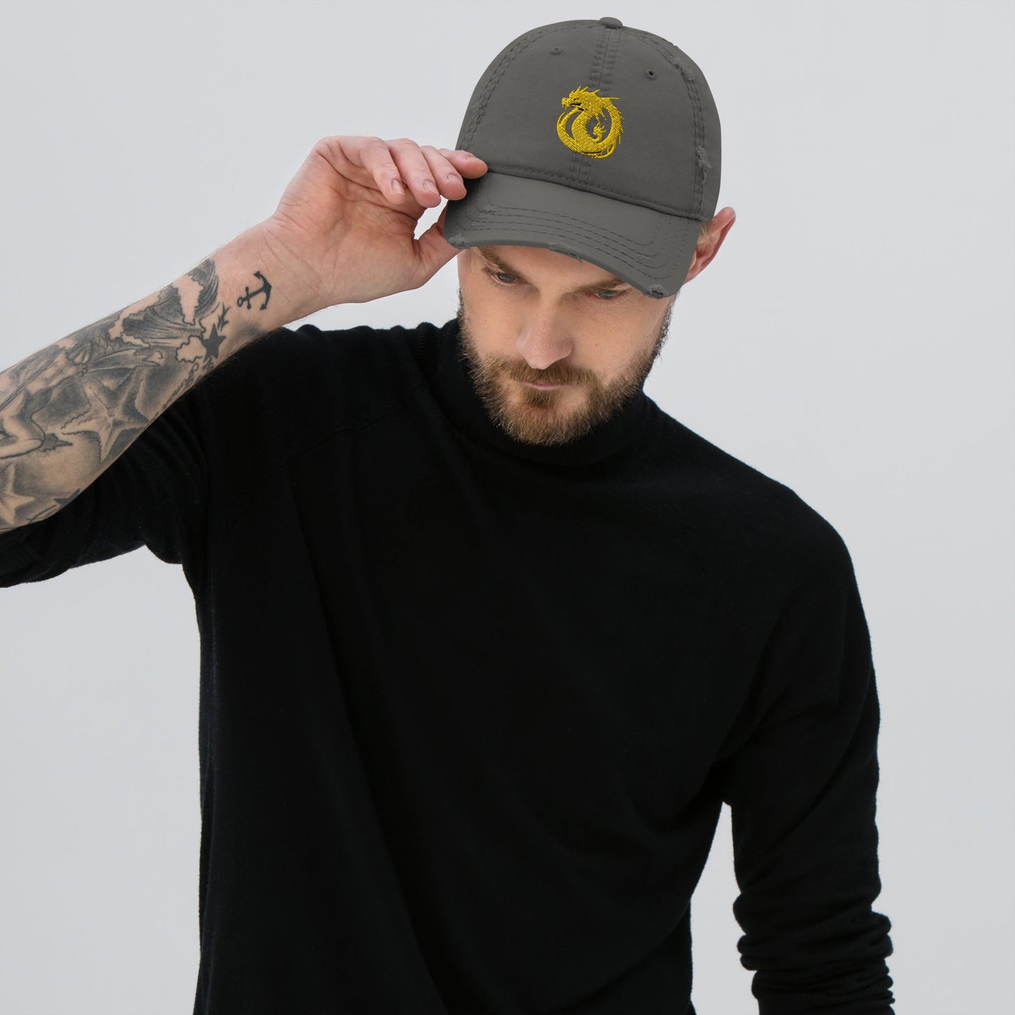 Front Golden Dragon Distressed Dad Hat DadHat #MzKittyz #NikkiDKatArt
