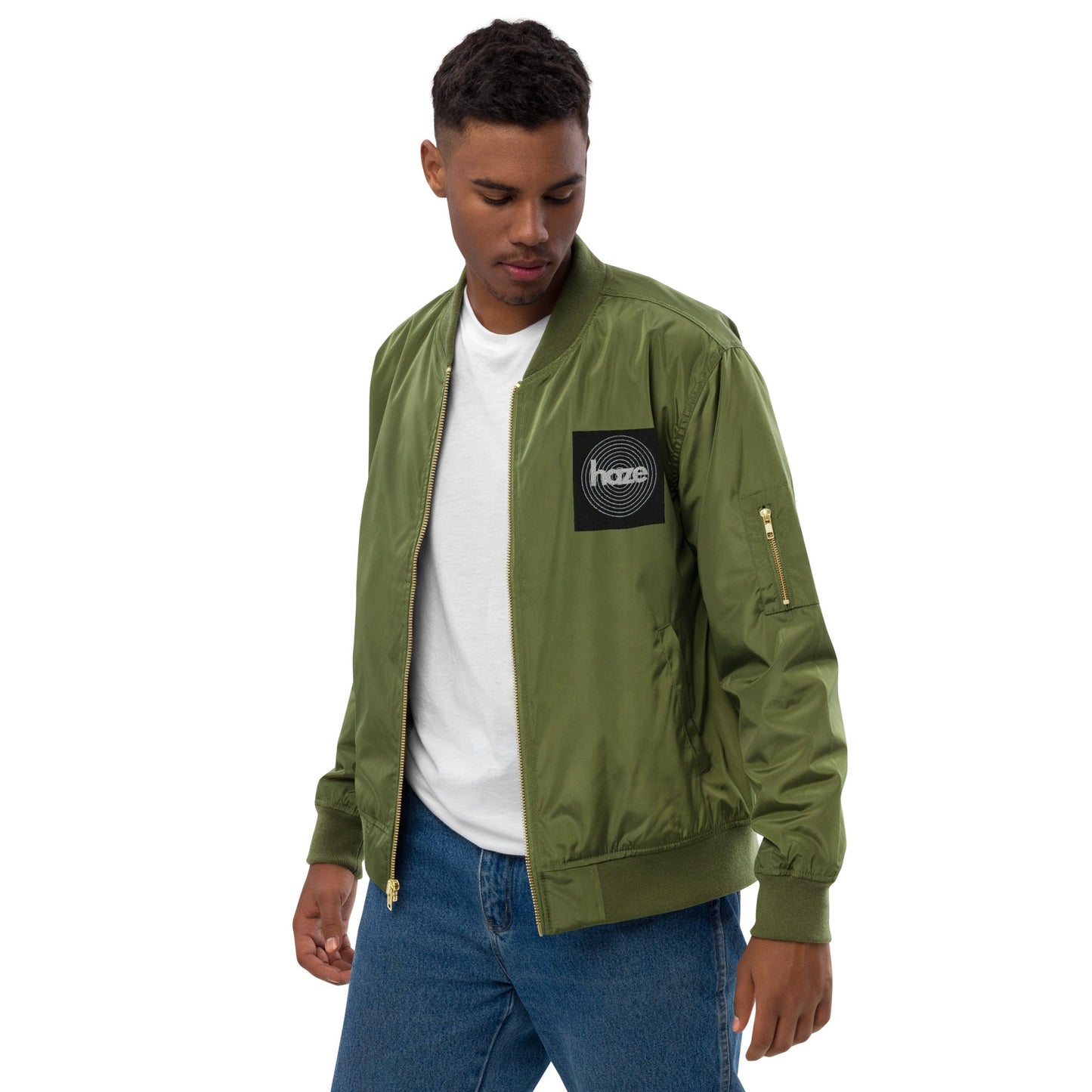 Front haze logo Embroidered Unisex Premium recycled bomber jacket Jacket #MzKittyz #NikkiDKatArt