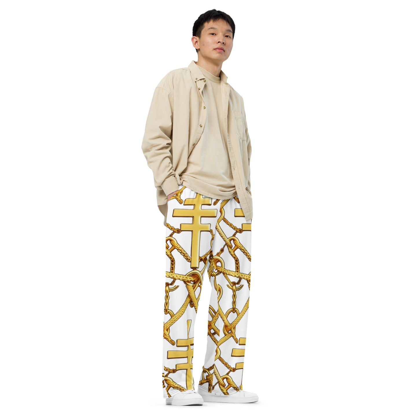 Front Gospel Link Chain unisex wide-leg pants Wide Legged Pant #MzKittyz #NikkiDKatArt