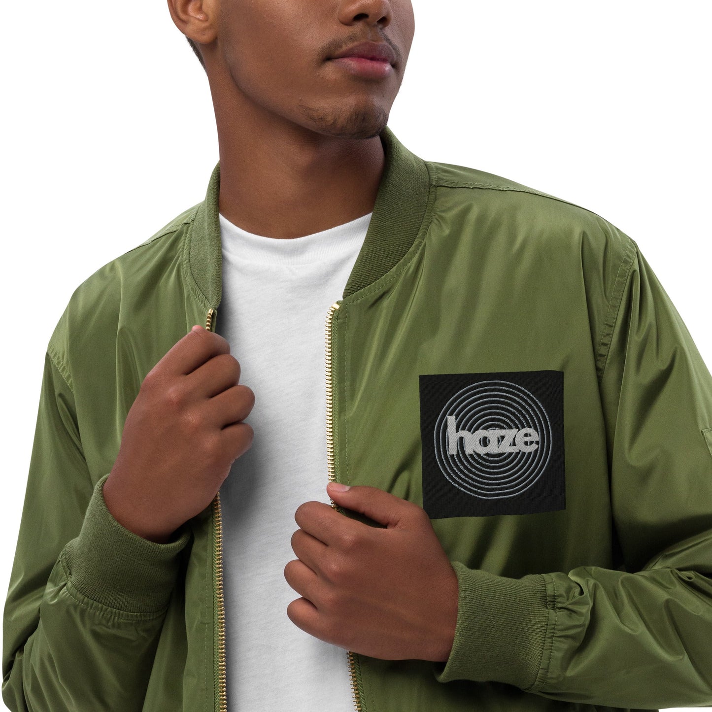 Front haze logo Embroidered Unisex Premium recycled bomber jacket Jacket #MzKittyz #NikkiDKatArt