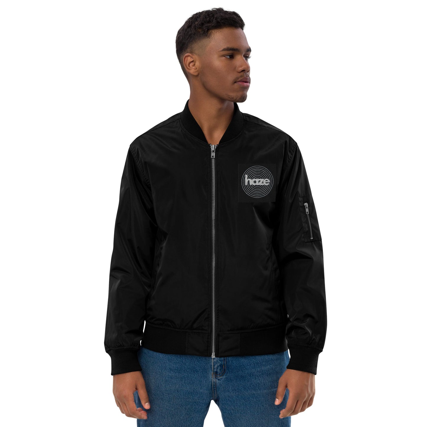 Front haze logo Embroidered Unisex Premium recycled bomber jacket Jacket #MzKittyz #NikkiDKatArt
