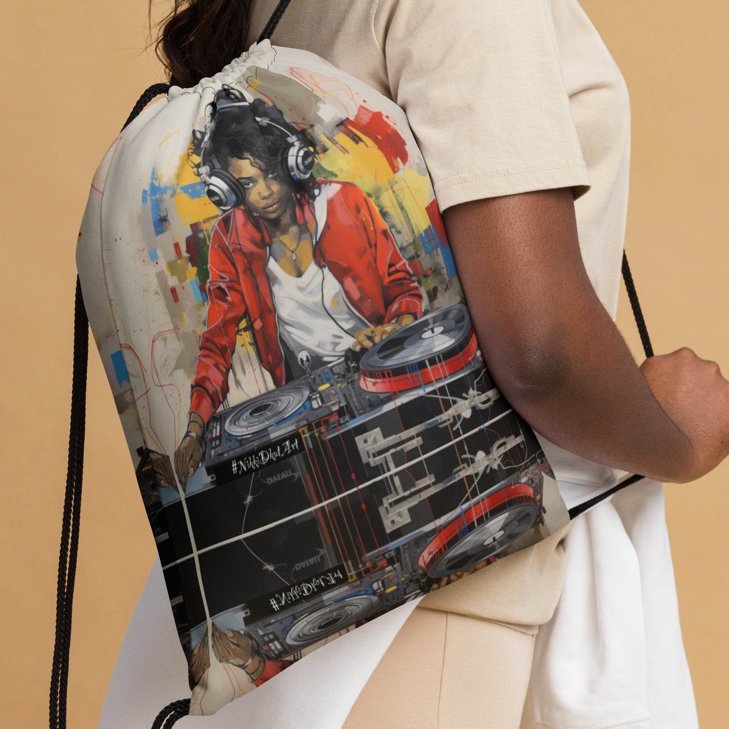 Front Basquiat Sistah Dj NY Drawstring bag Backpack Drawstring #MzKittyz #NikkiDKatArt