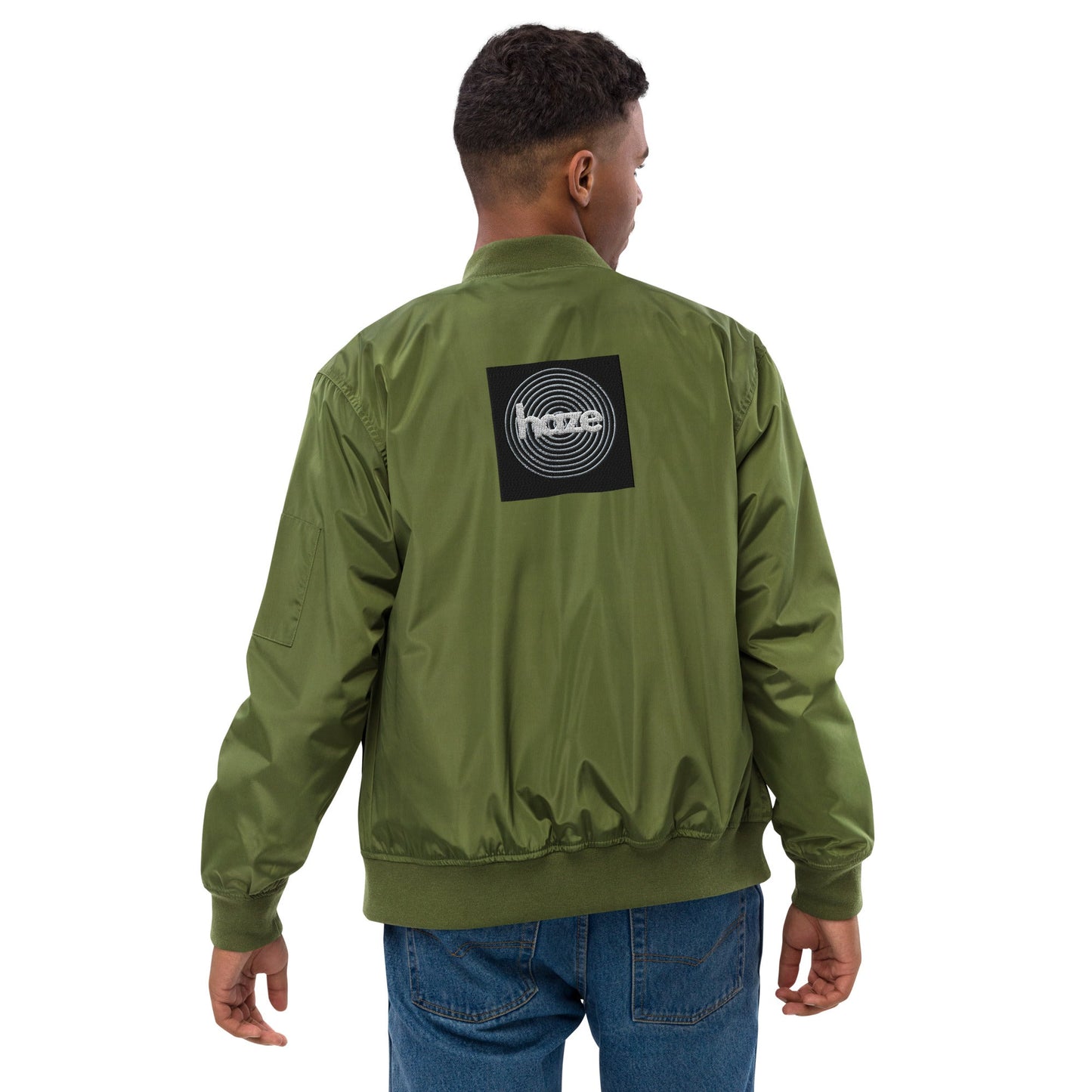Front haze logo Embroidered Unisex Premium recycled bomber jacket Jacket #MzKittyz #NikkiDKatArt