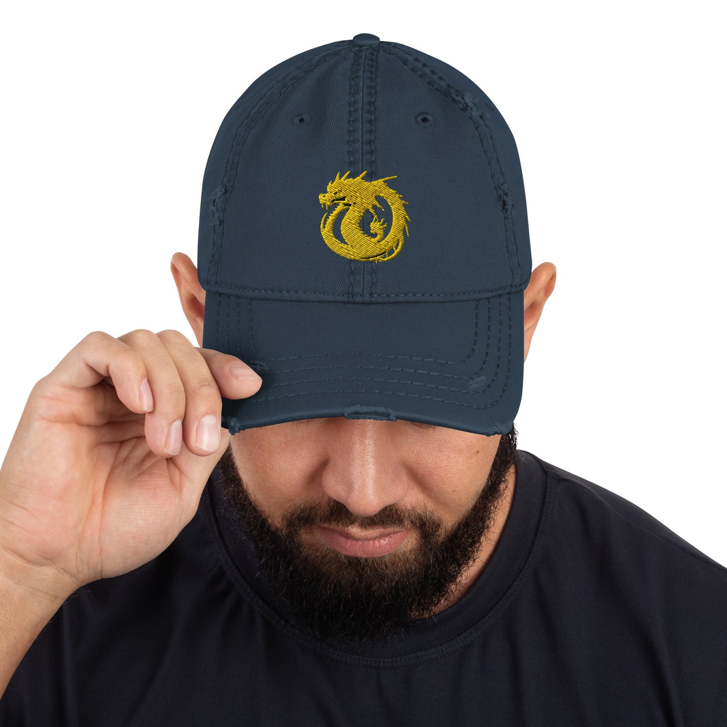 Front Golden Dragon Distressed Dad Hat DadHat #MzKittyz #NikkiDKatArt